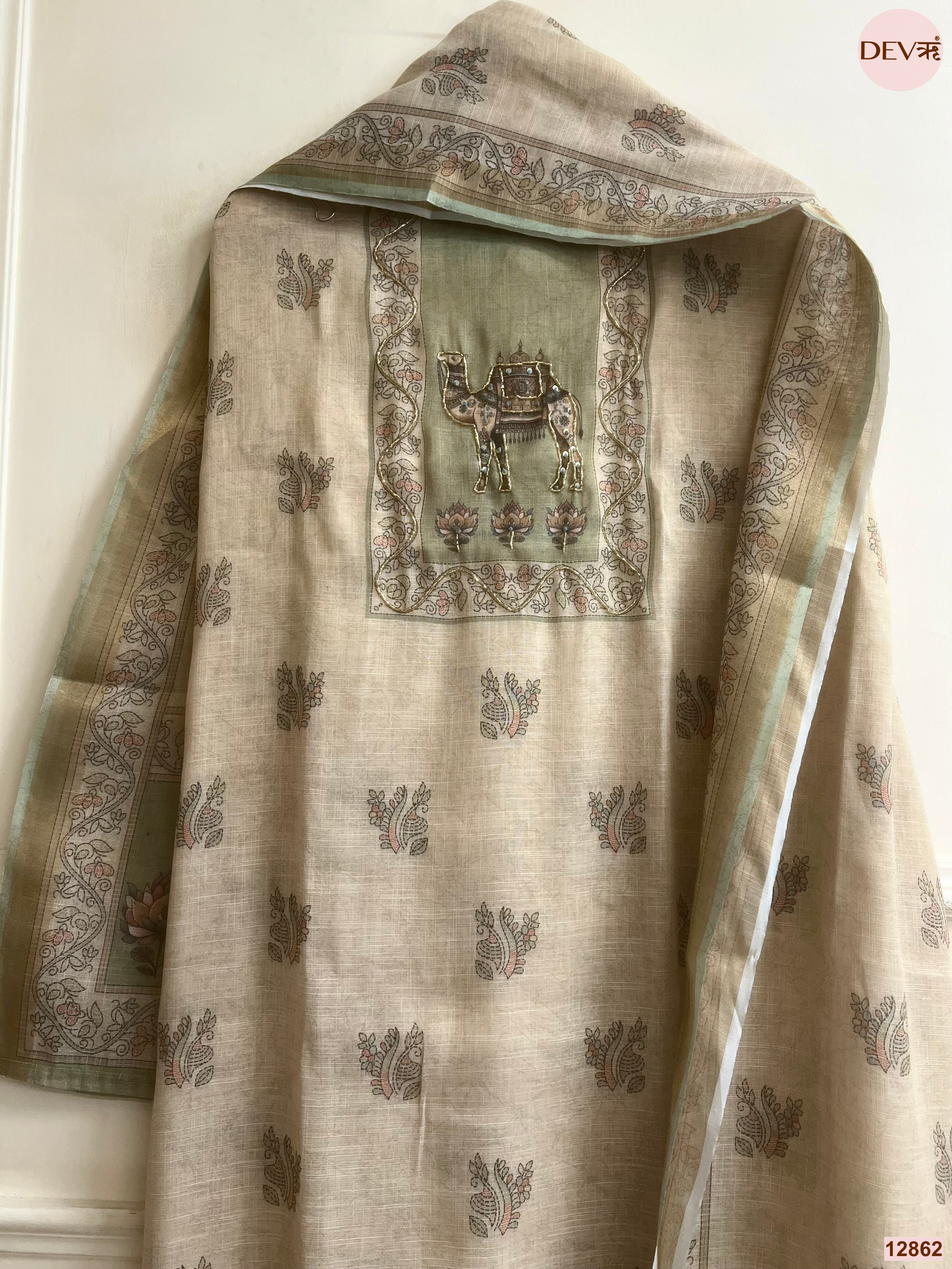 Green Linen Cotton Printed Unstitched 3-Piece Suit (Devri – D.No 12862)