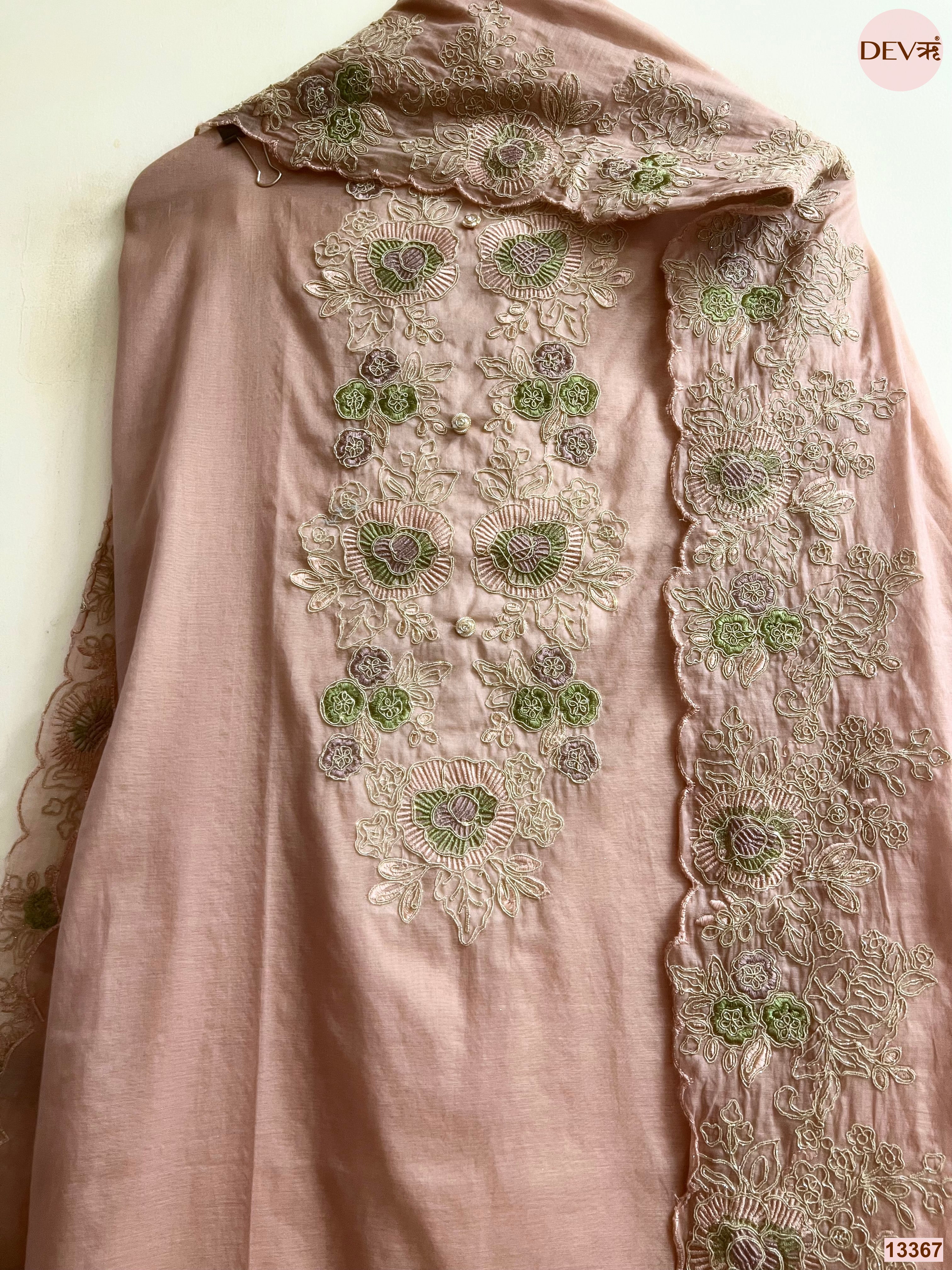 Peach Mul Chanderi Embroidered Unstitched 3-Piece Suit (Devri – D.No 13367)