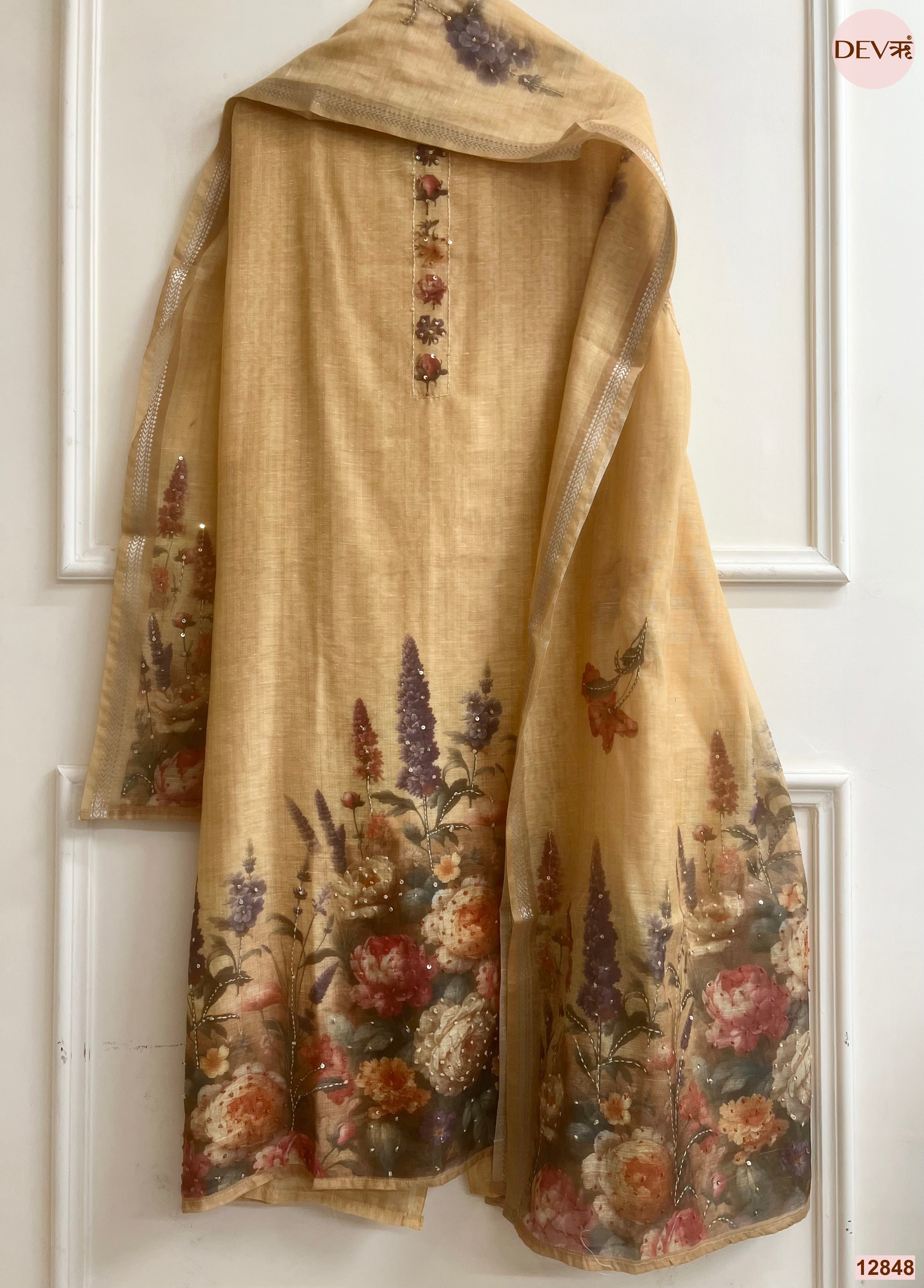 Beige Mul Chanderi Printed Unstitched 3-Piece Suit (Devri – D.No 12848)
