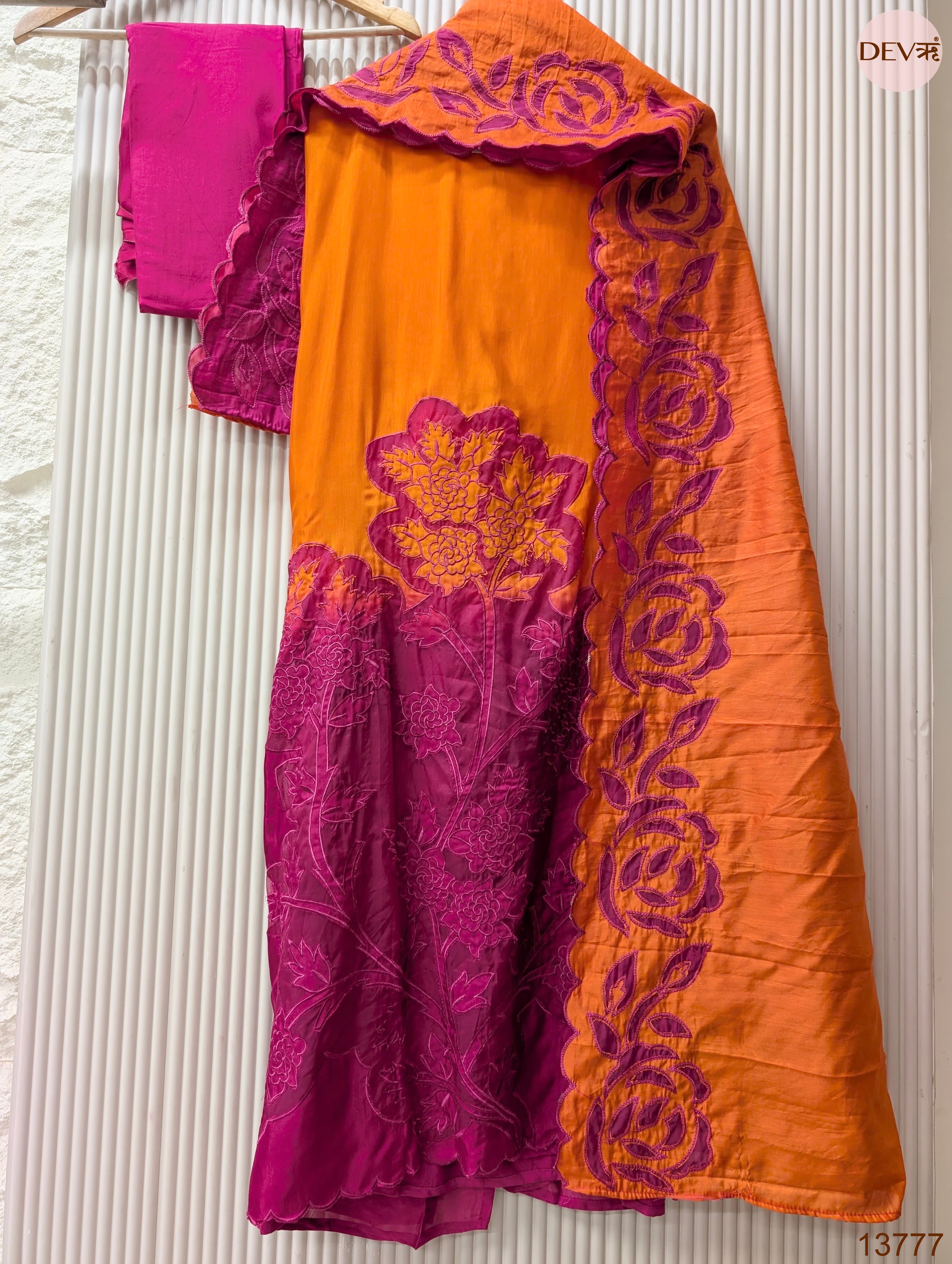 Orange Muslin Embroidered Unstitched 3-Piece Suit (Devri – D.No 13777)