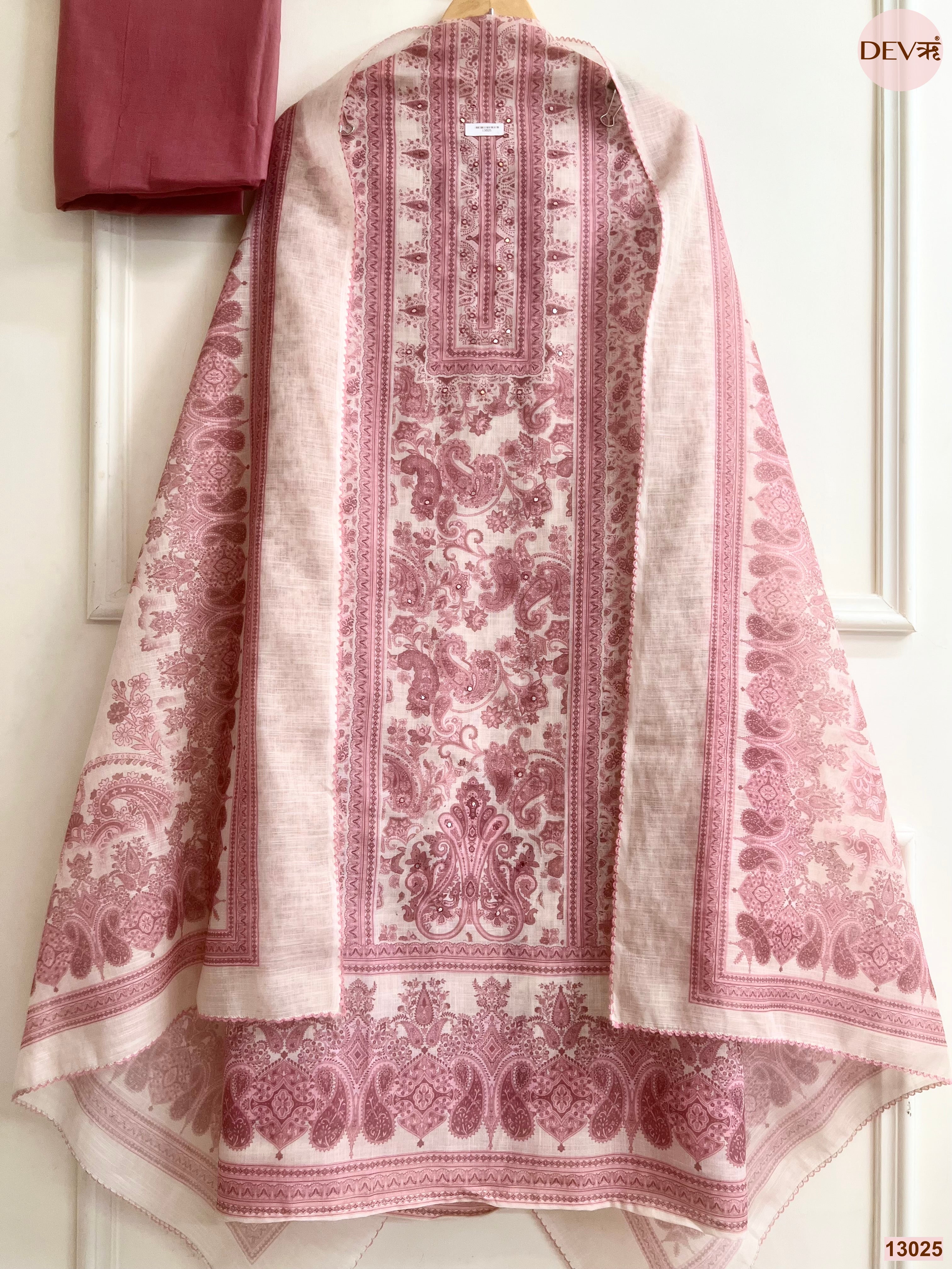 Pink Linen Printed Unstitched 3-Piece Suit (Devri – D.No 13025)