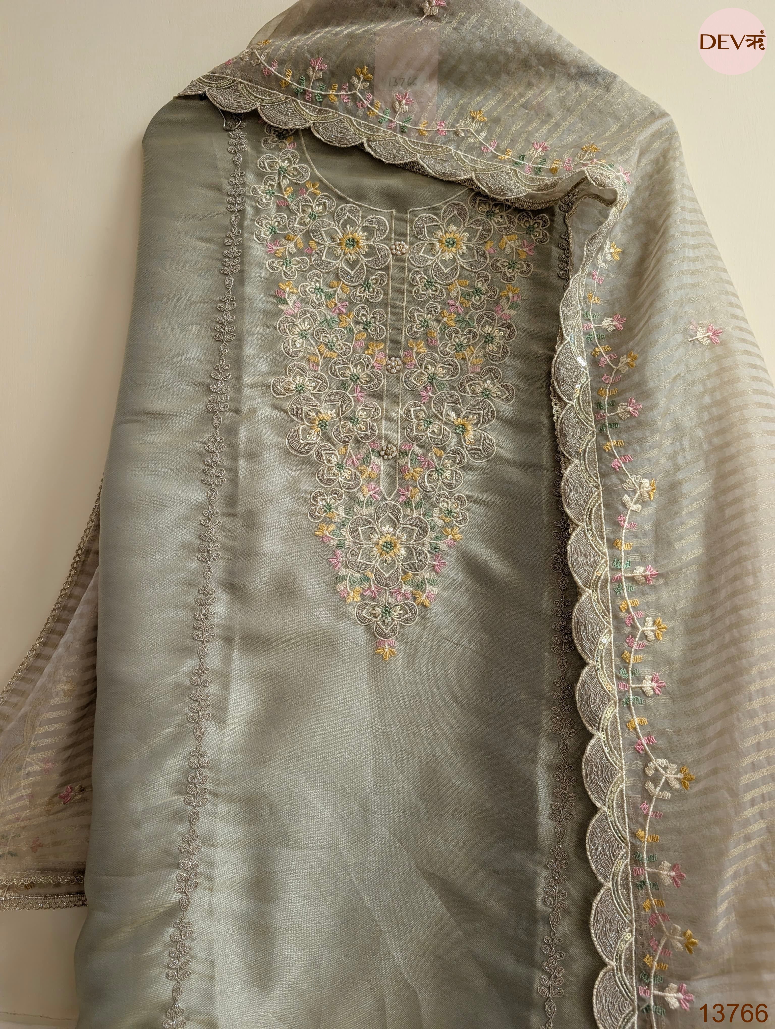 Grey Tissue Silk Embroidered Unstitched 3-Piece Suit (Devri – D.No 13766)