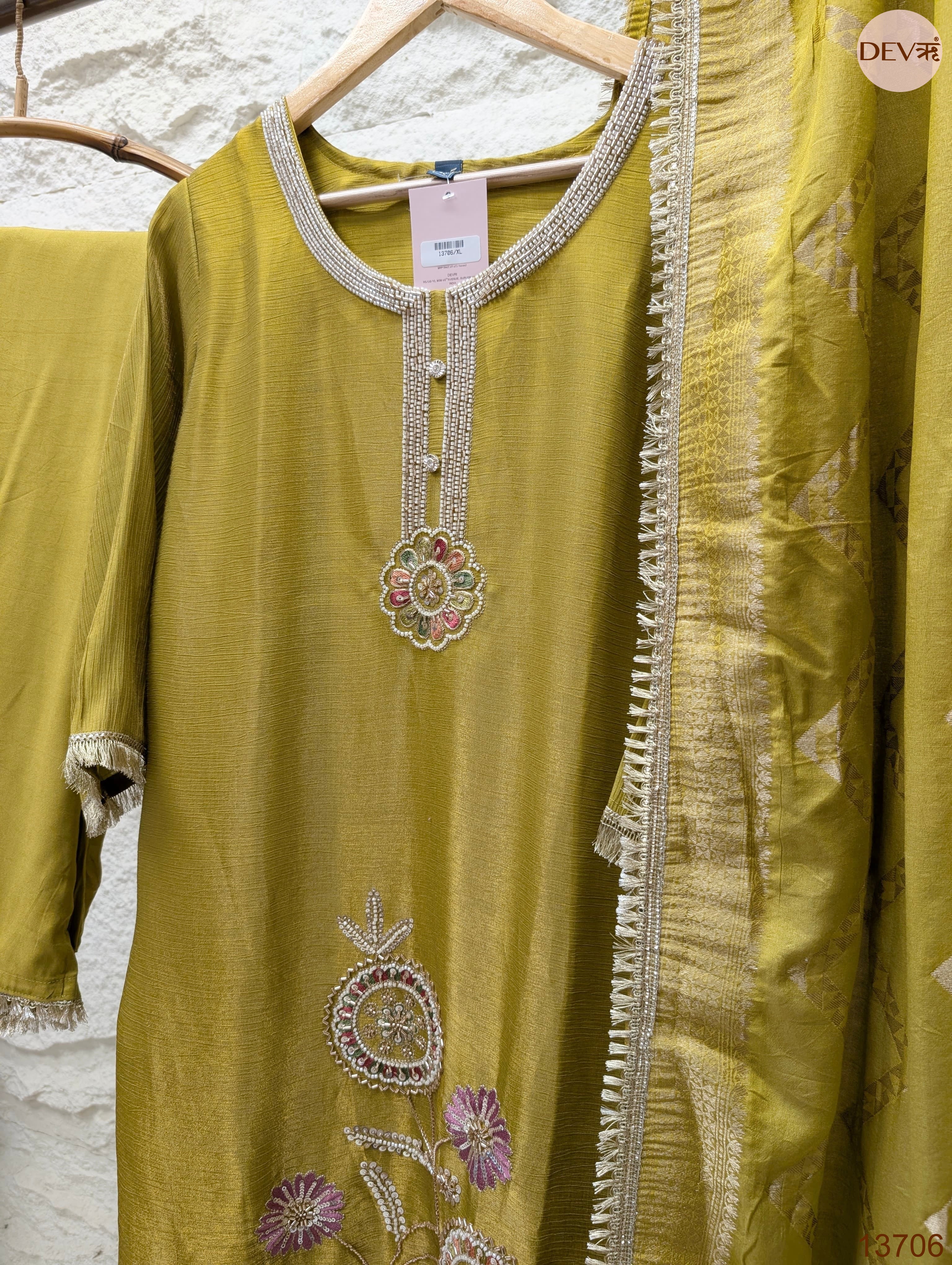 Gulnaar Tissue silk blend Embroidered Olive Green 3-Piece Set (Devri – D.No 13706)