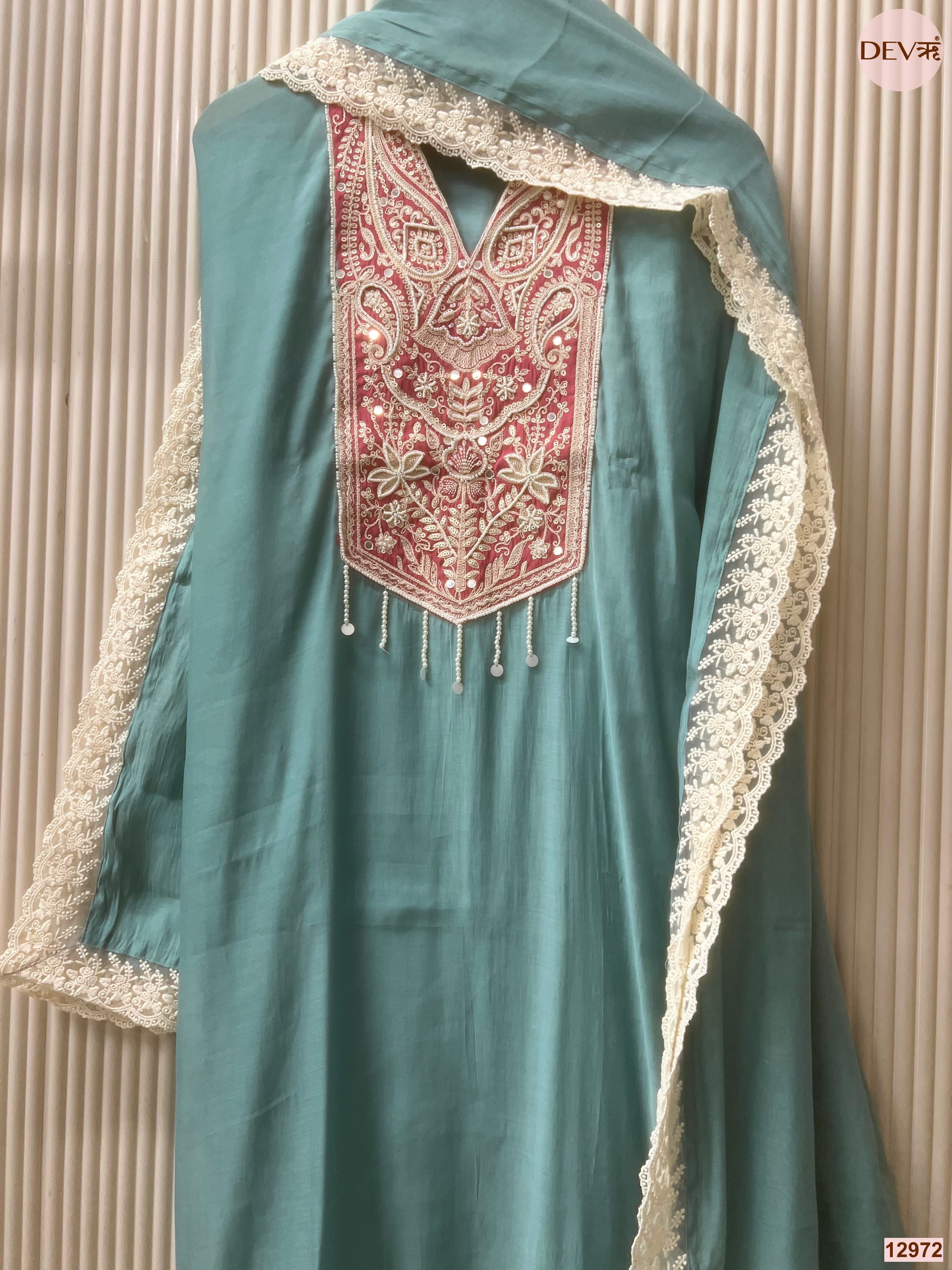 Teal Mul Chanderi Embroidered Unstitched 3-Piece Suit (Devri – D.No 12972)