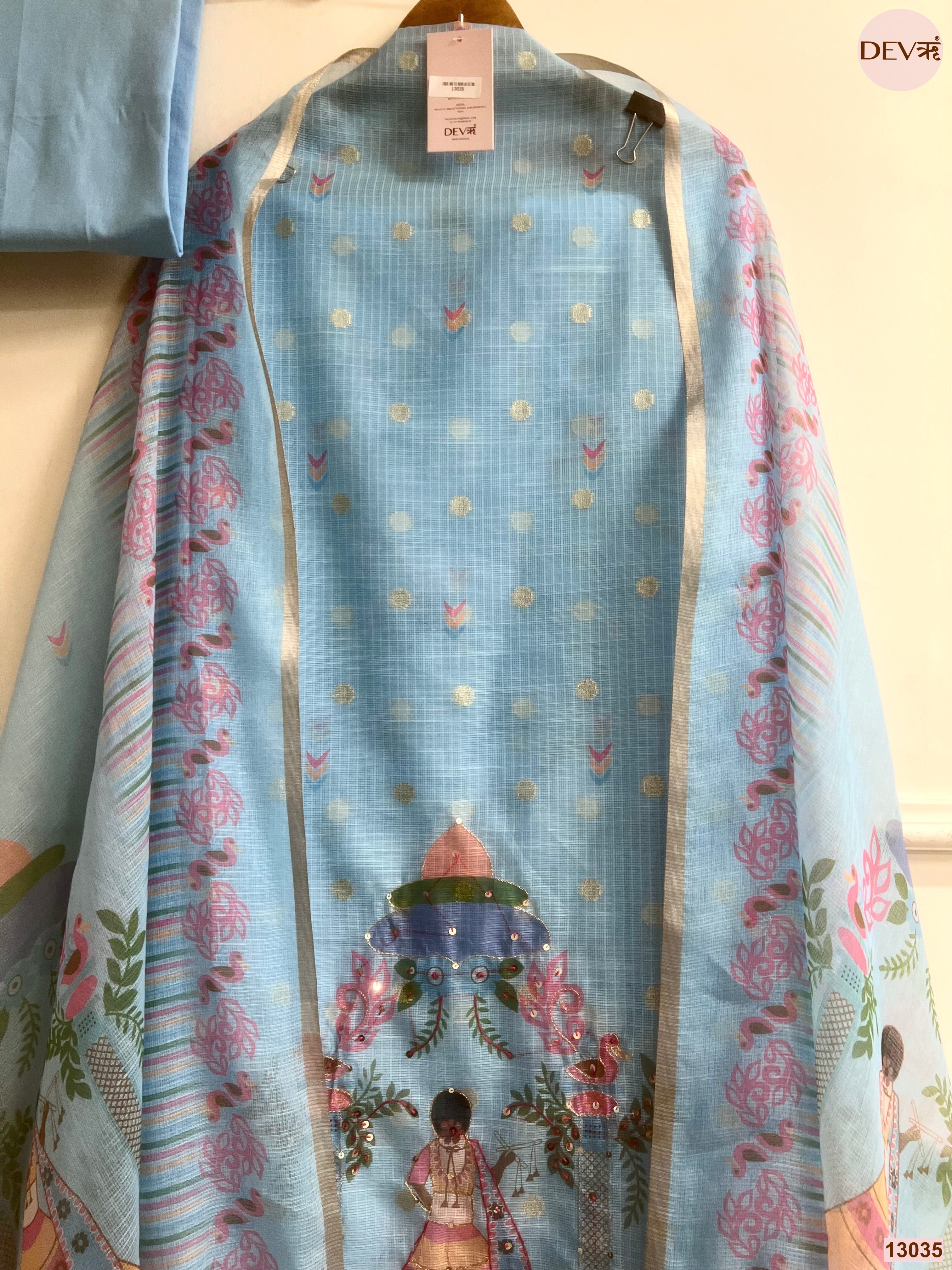 Blue Kota Zari Printed Unstitched 3-Piece Suit (Devri – D.No 13035)