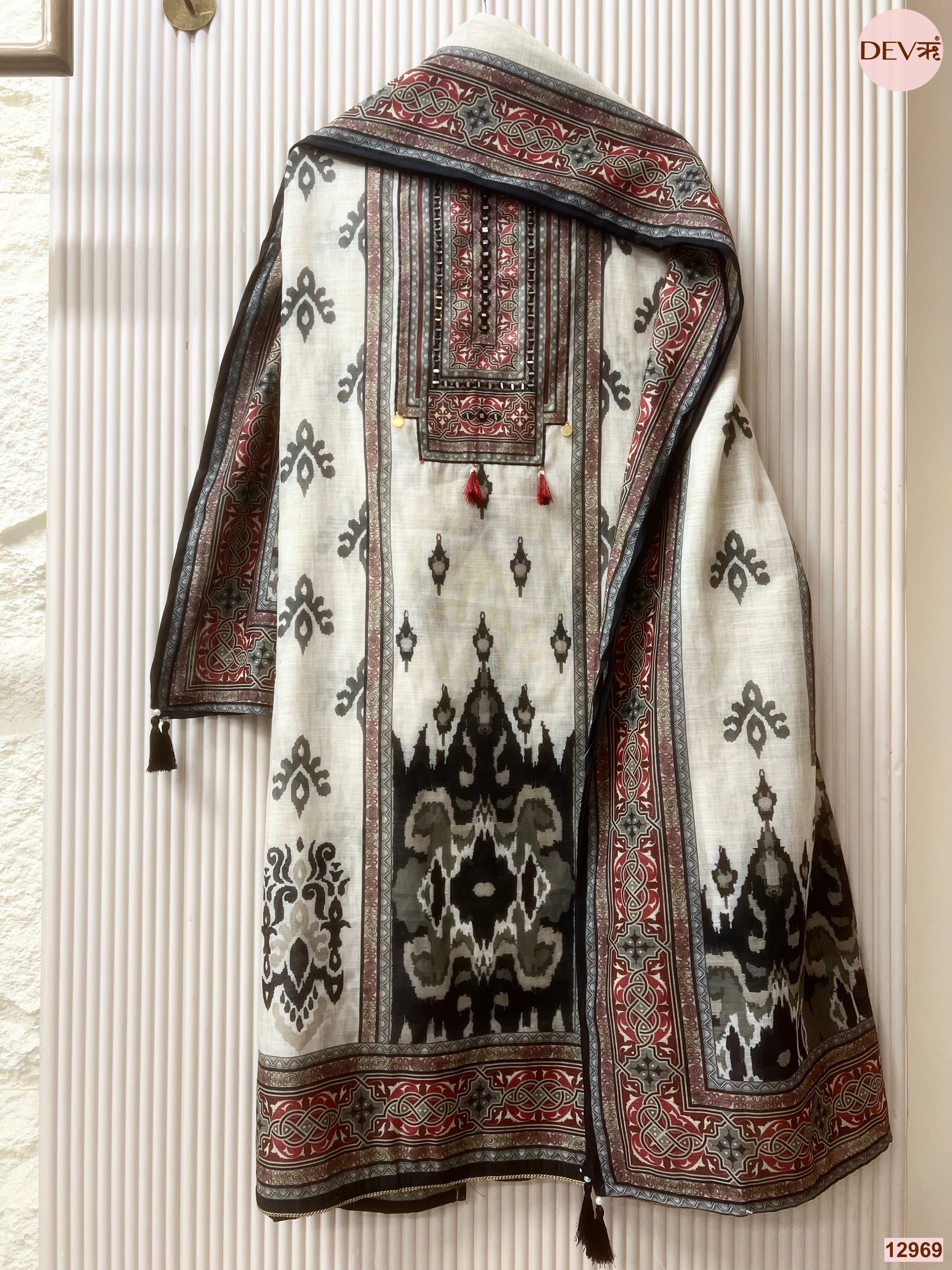Off White Linen Cotton Printed Unstitched 3-Piece Suit (Devri – D.No 12969)