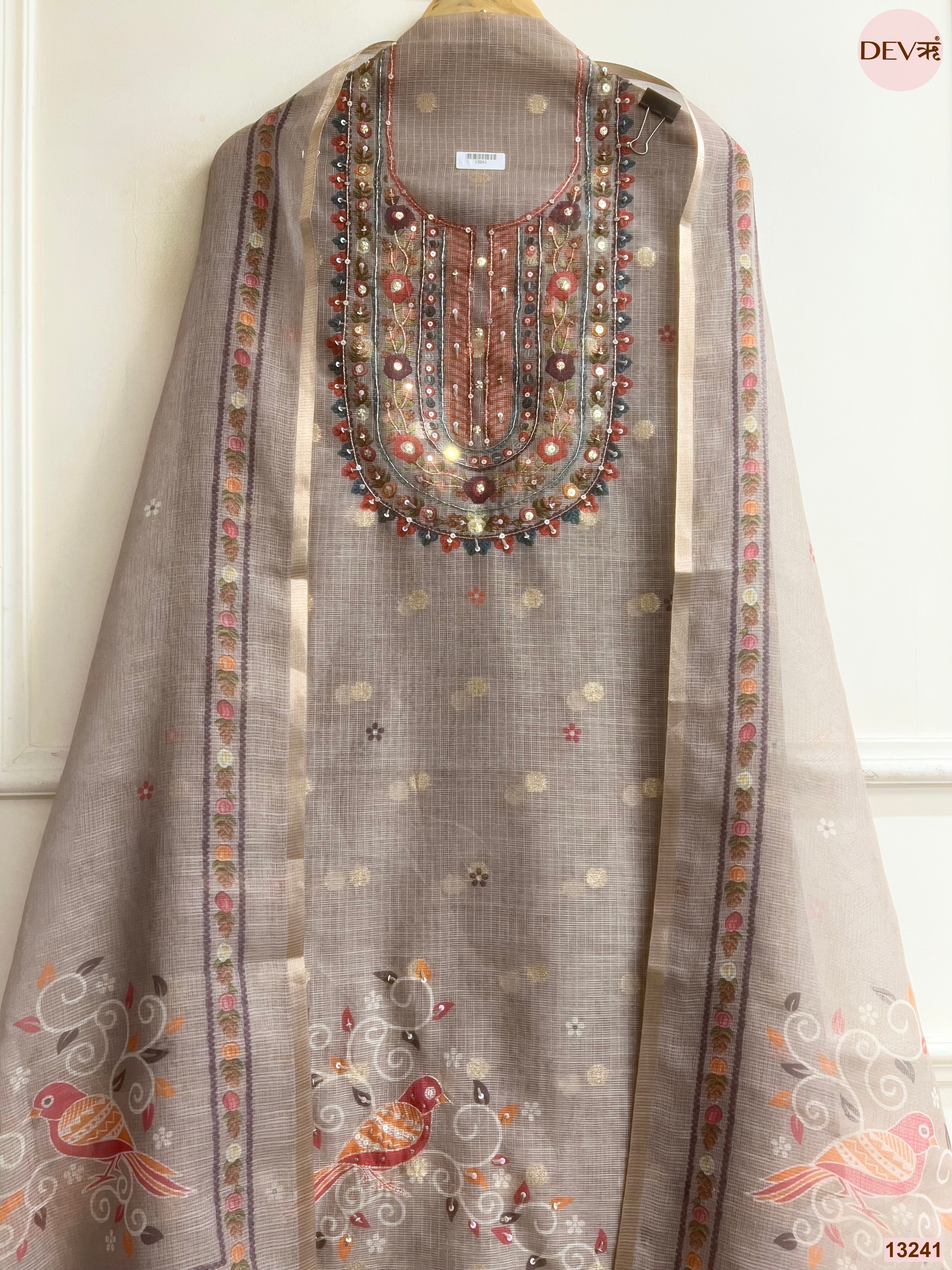 Taupe Kota Printed Unstitched 3-Piece Suit (Devri – D.No 13241)