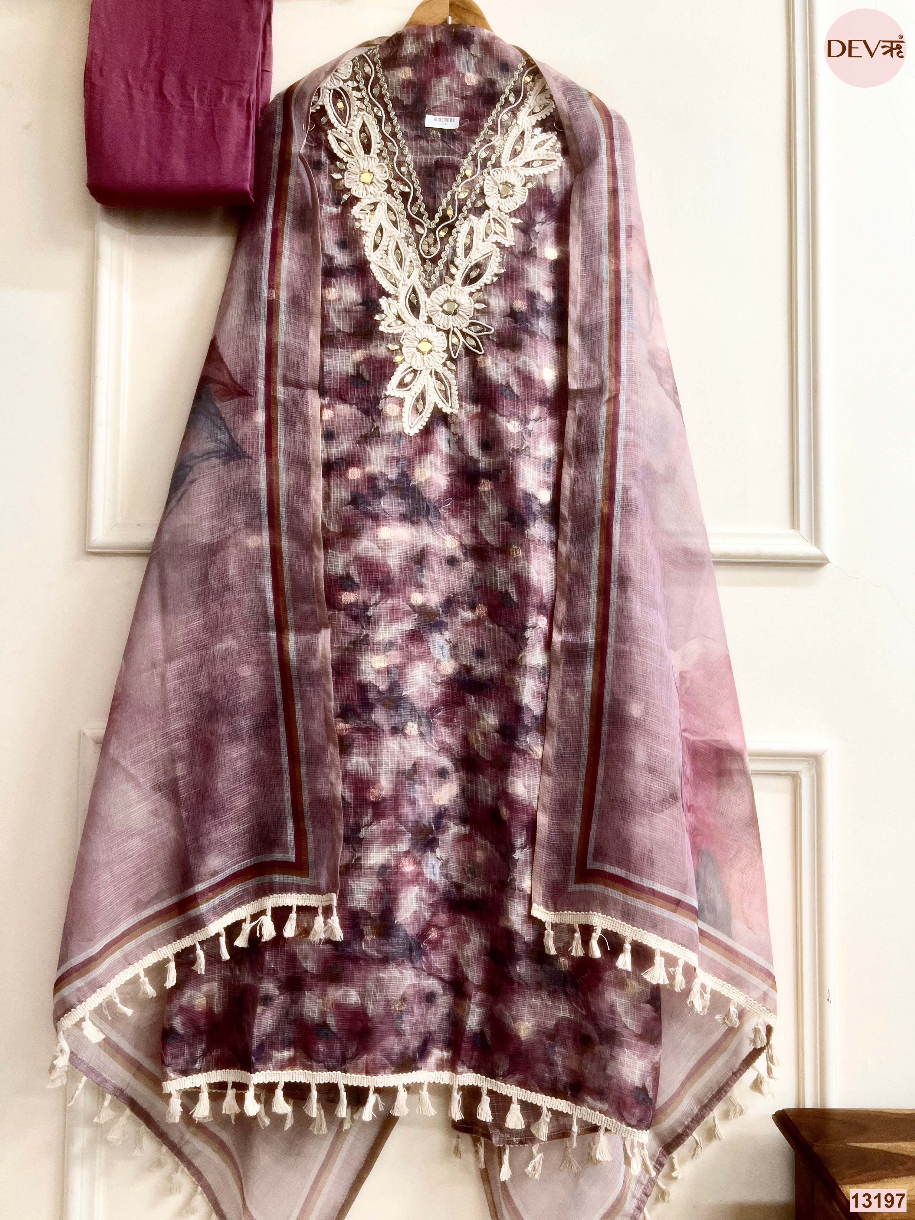 Wine Kota Zari Printed Unstitched 3-Piece Suit (Devri – D.No 13197)