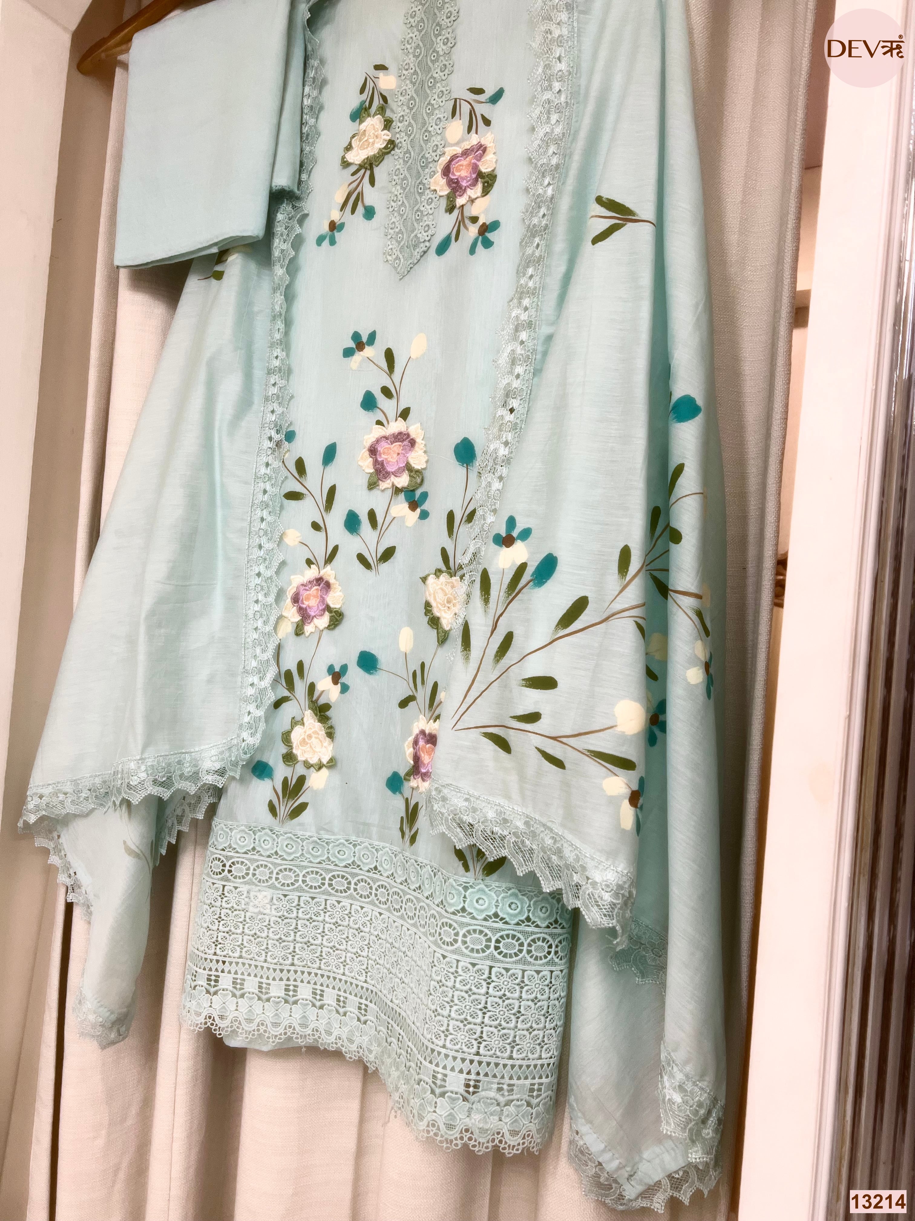 Blue Mul Chanderi Embroidered Unstitched 3-Piece Suit (Devri – D.No 13214)