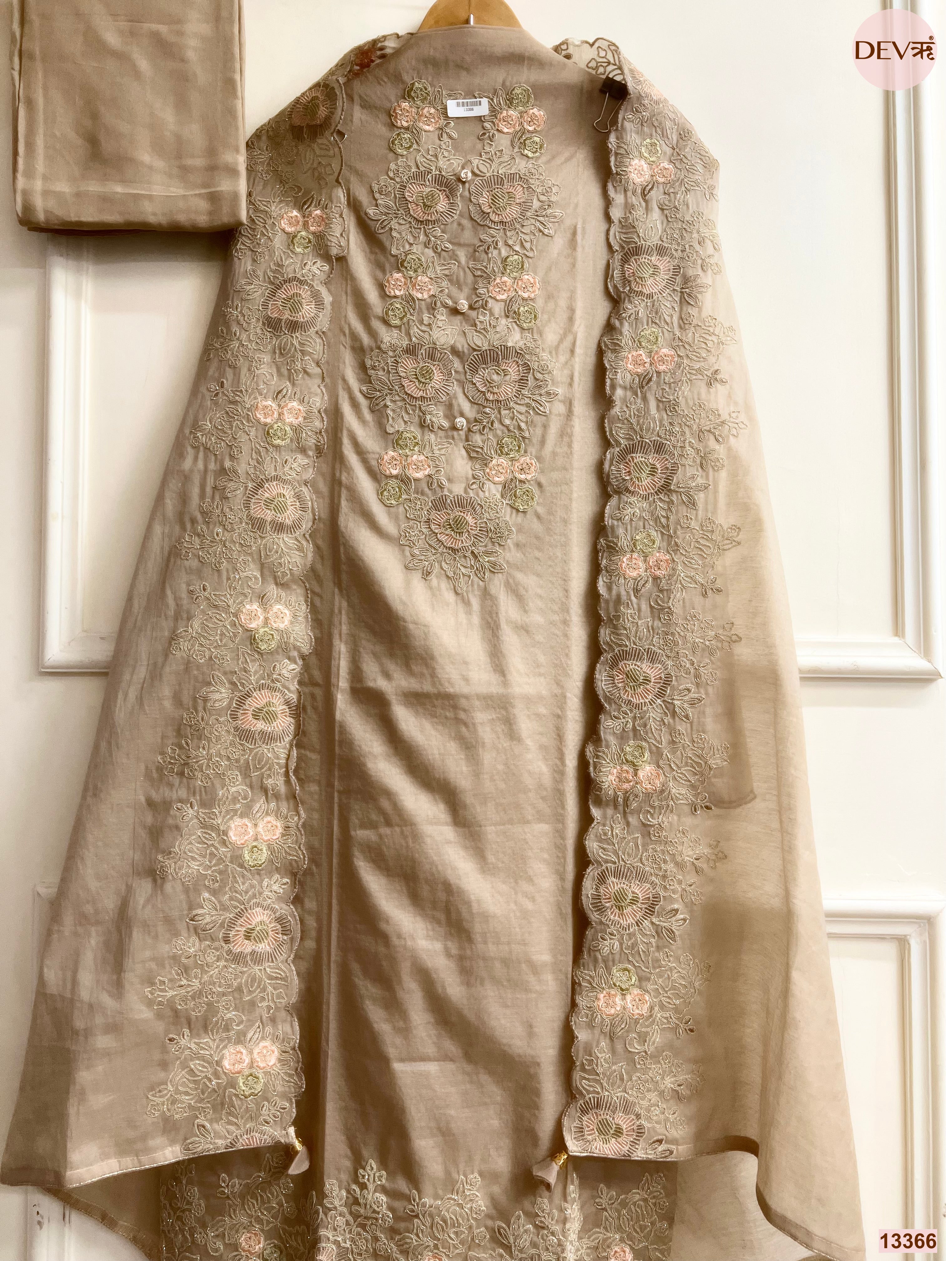 Beige Mul Chanderi Embroidered Unstitched 3-Piece Suit (Devri – D.No 13366)
