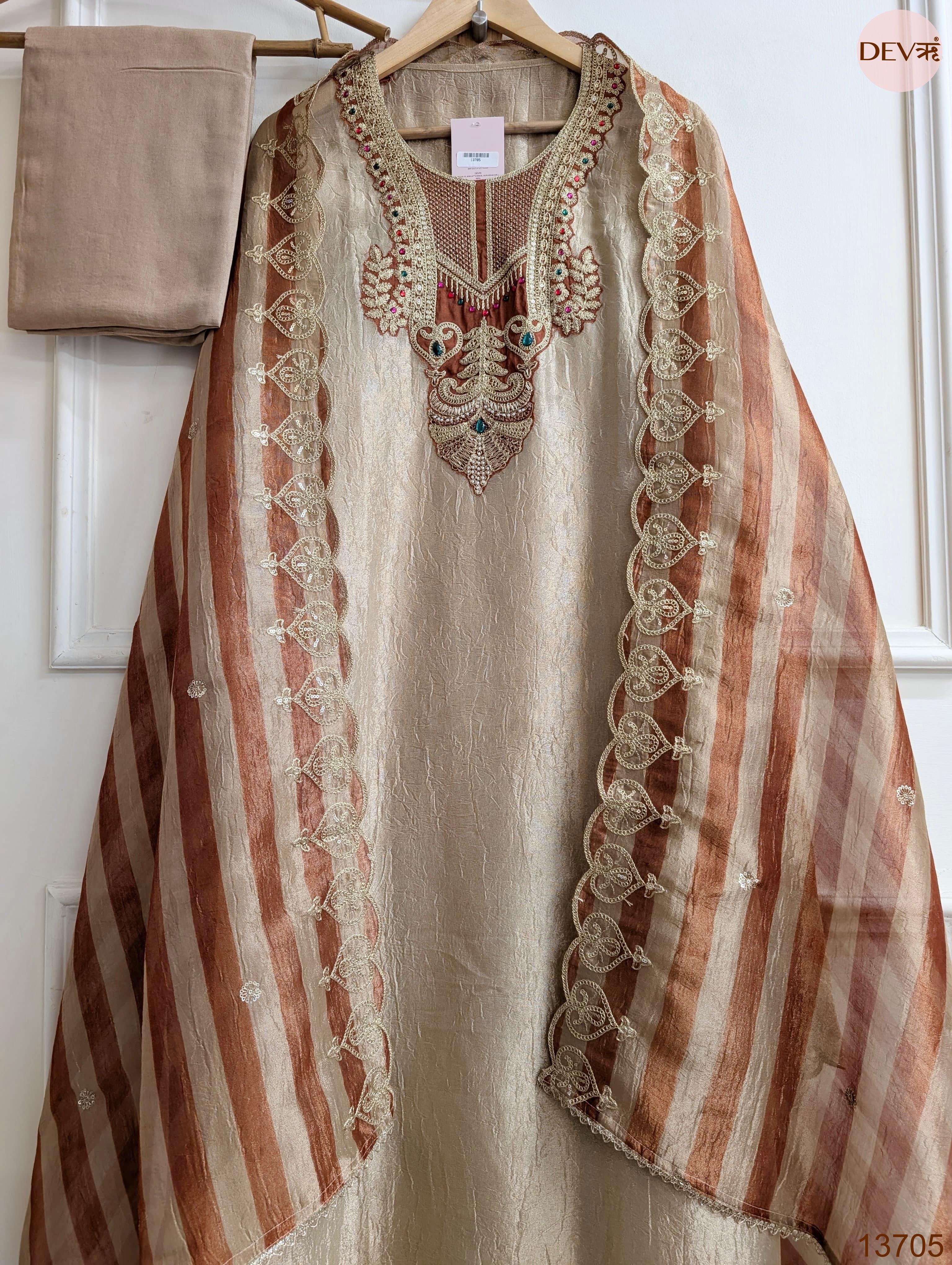 Beige Pure Tissue Silk Embroidered Unstitched 3-Piece Suit (Devri – D.No 13705)