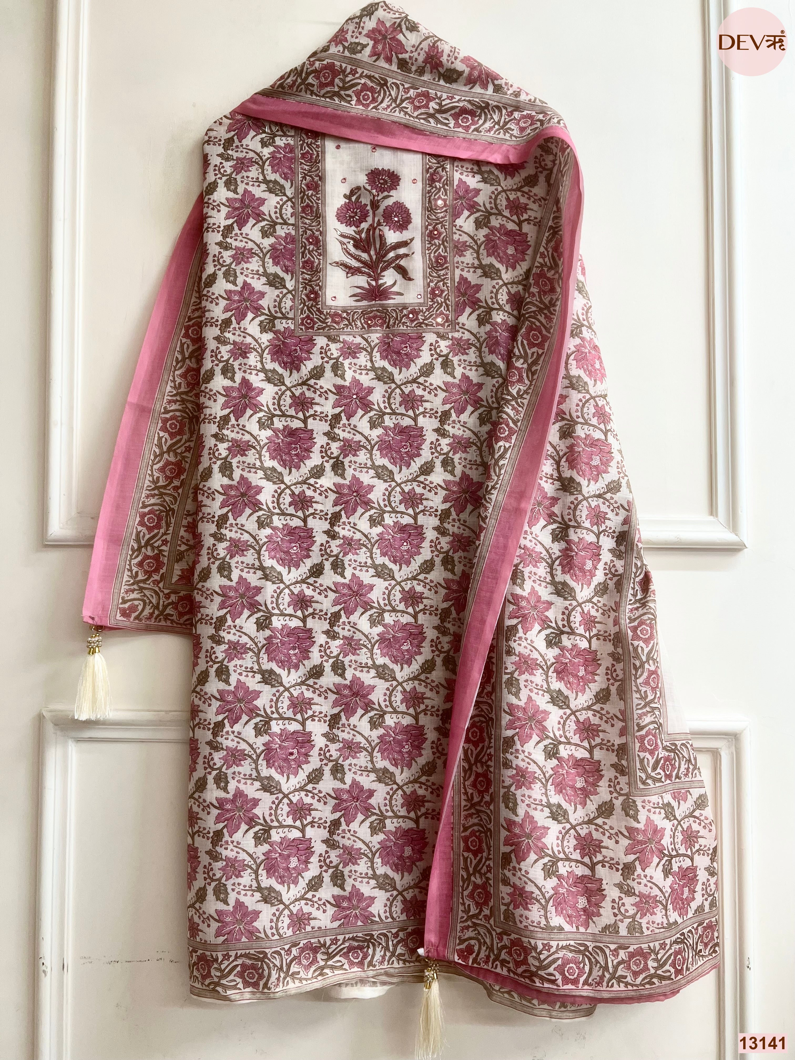 Pink Linen Printed Unstitched 3-Piece Suit (Devri – D.No 13141)