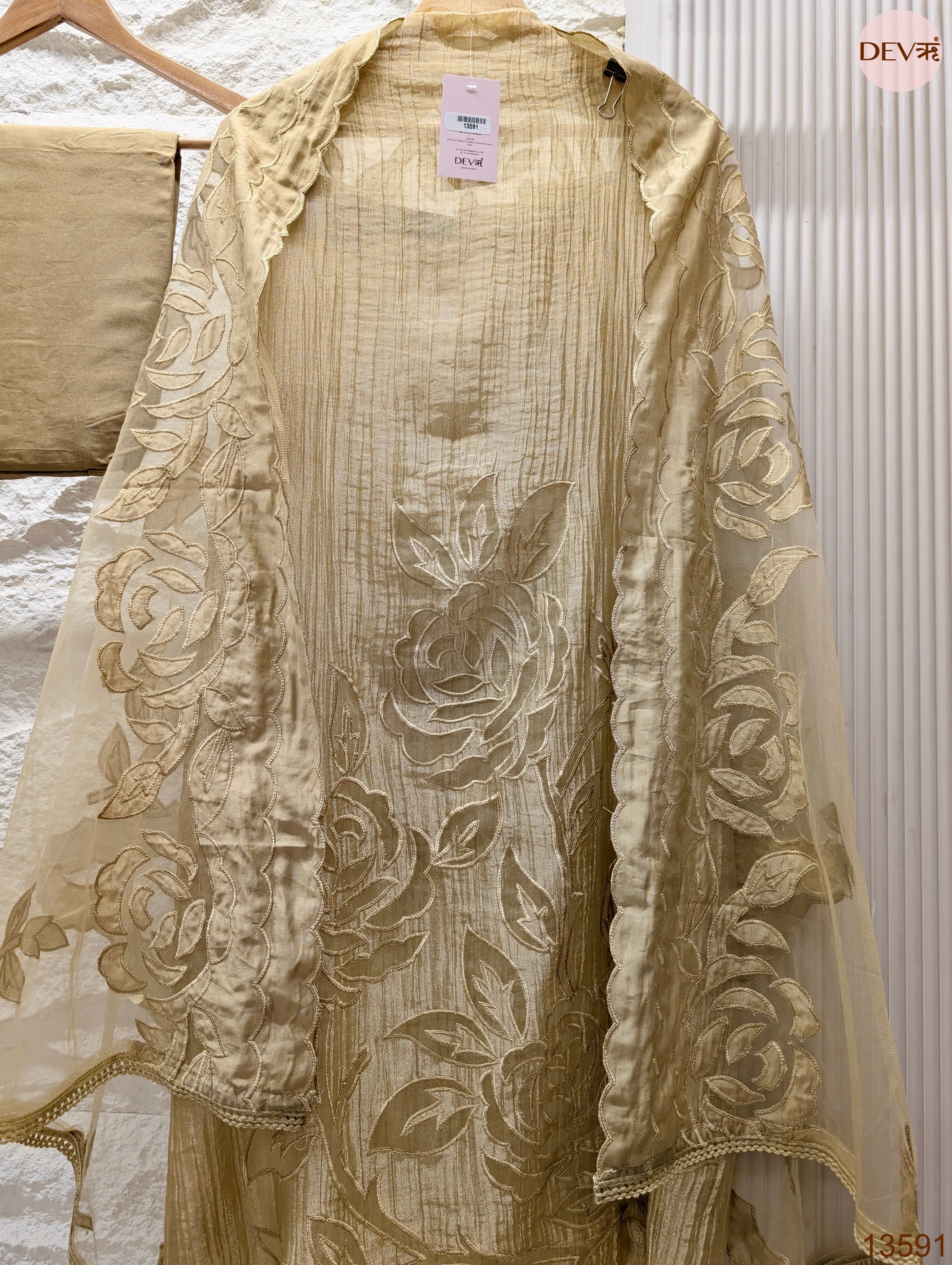 Beige Tissue Crush Silk Embroidered Unstitched 3-Piece Suit (Devri – D.No 13591)