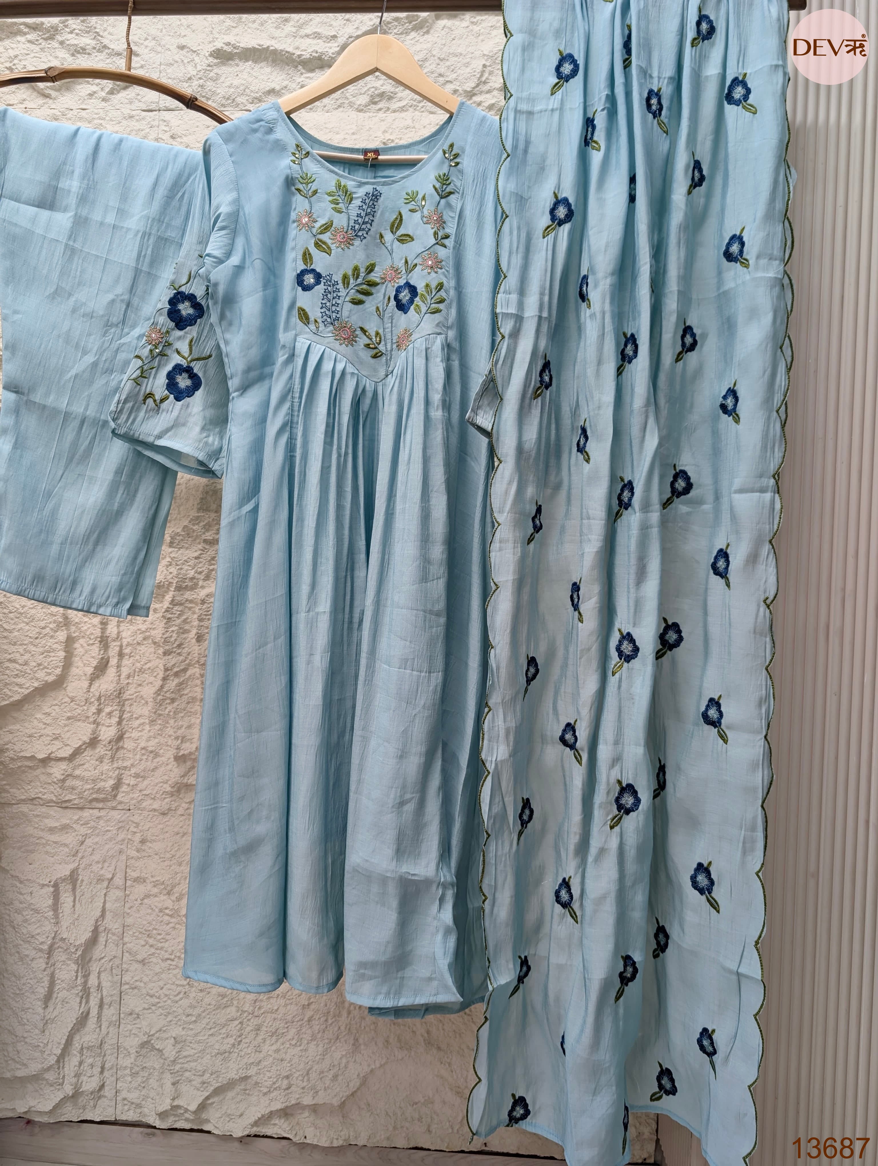 Gulnaar Mul Chanderi Embroidered Sky Blue 3-Piece Set (Devri – D.No 13687)