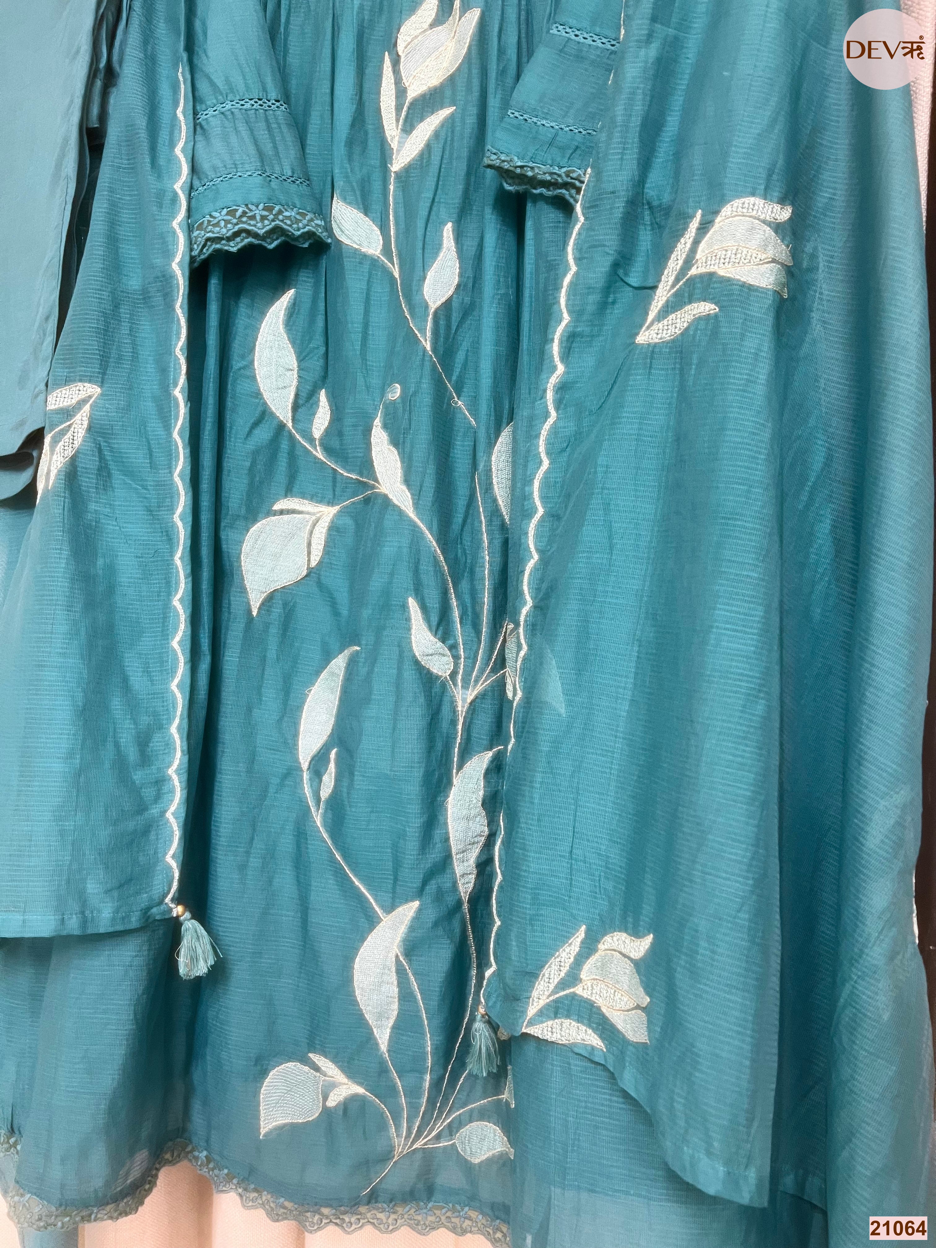 Neelambara Mul cotton Embroidered Teal 3-Piece Set (Devri – D.No 21064)