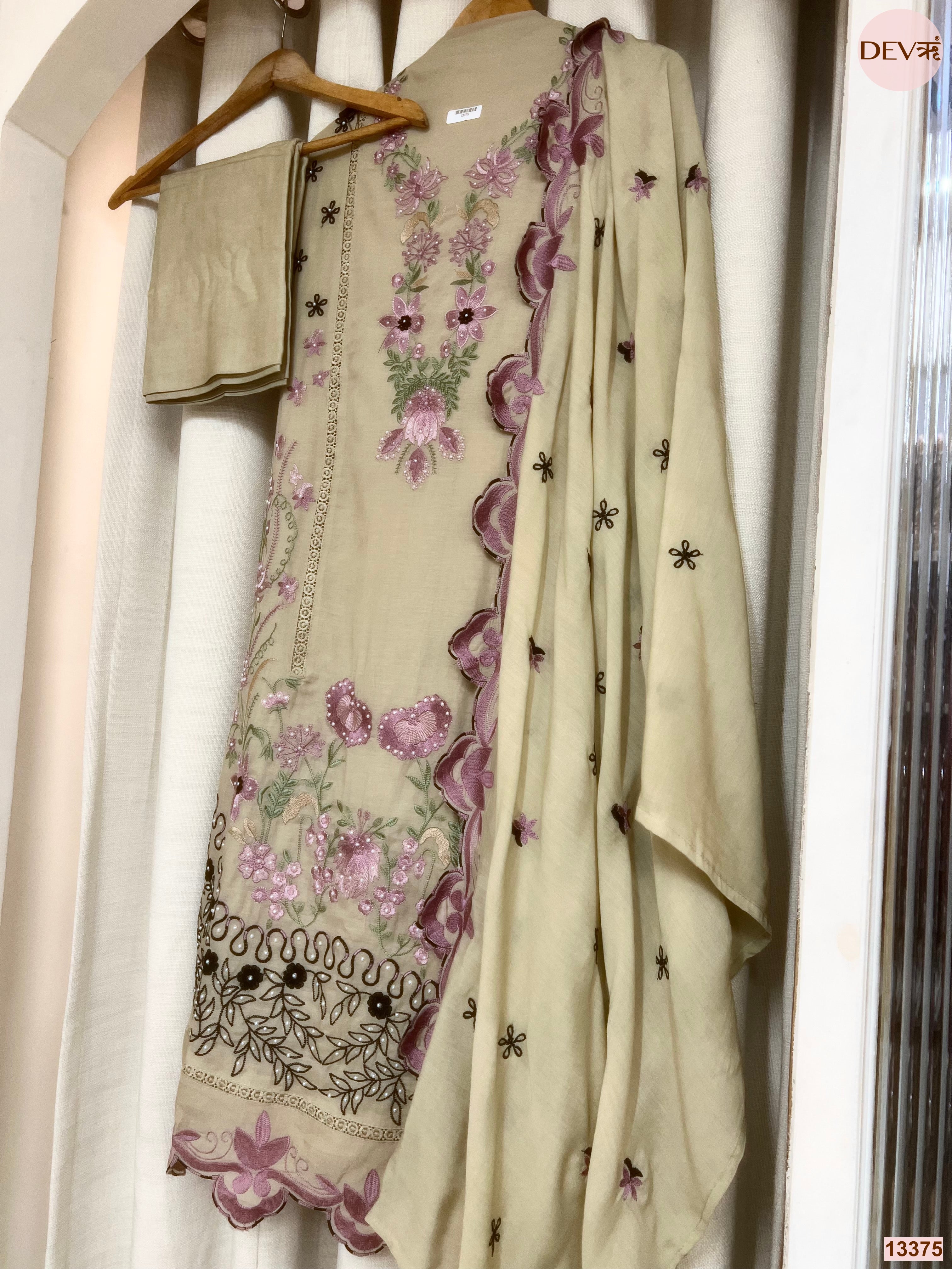 Beige Mul Cotton Embroidered Unstitched 3-Piece Suit (Devri – D.No 13375)