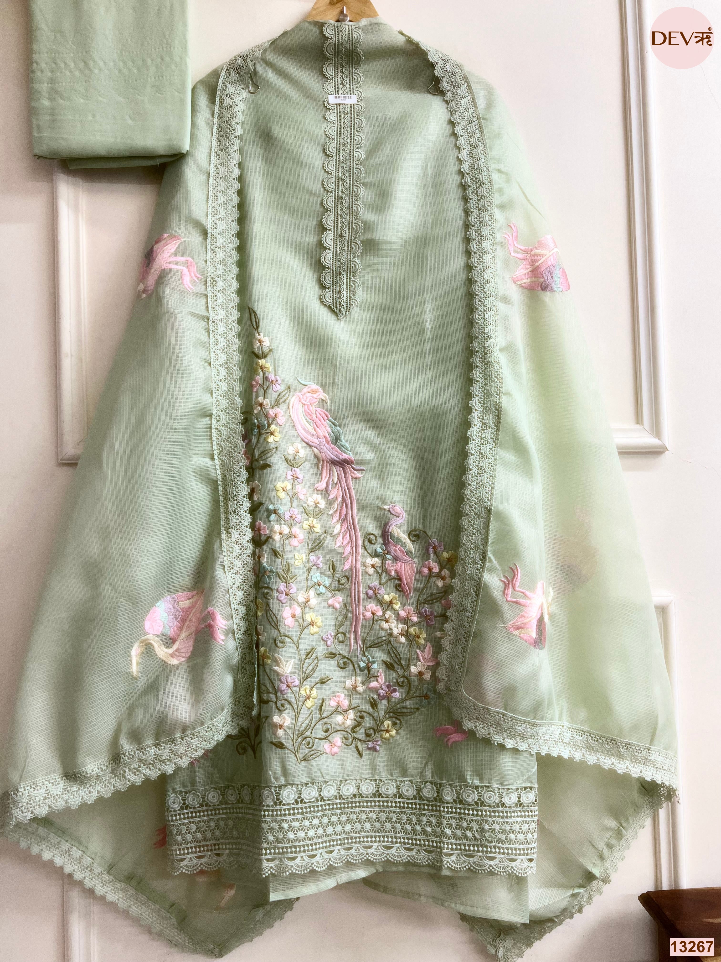 Sage Green Kota Cotton Embroidered Unstitched 3-Piece Suit (Devri – D.No 13267)