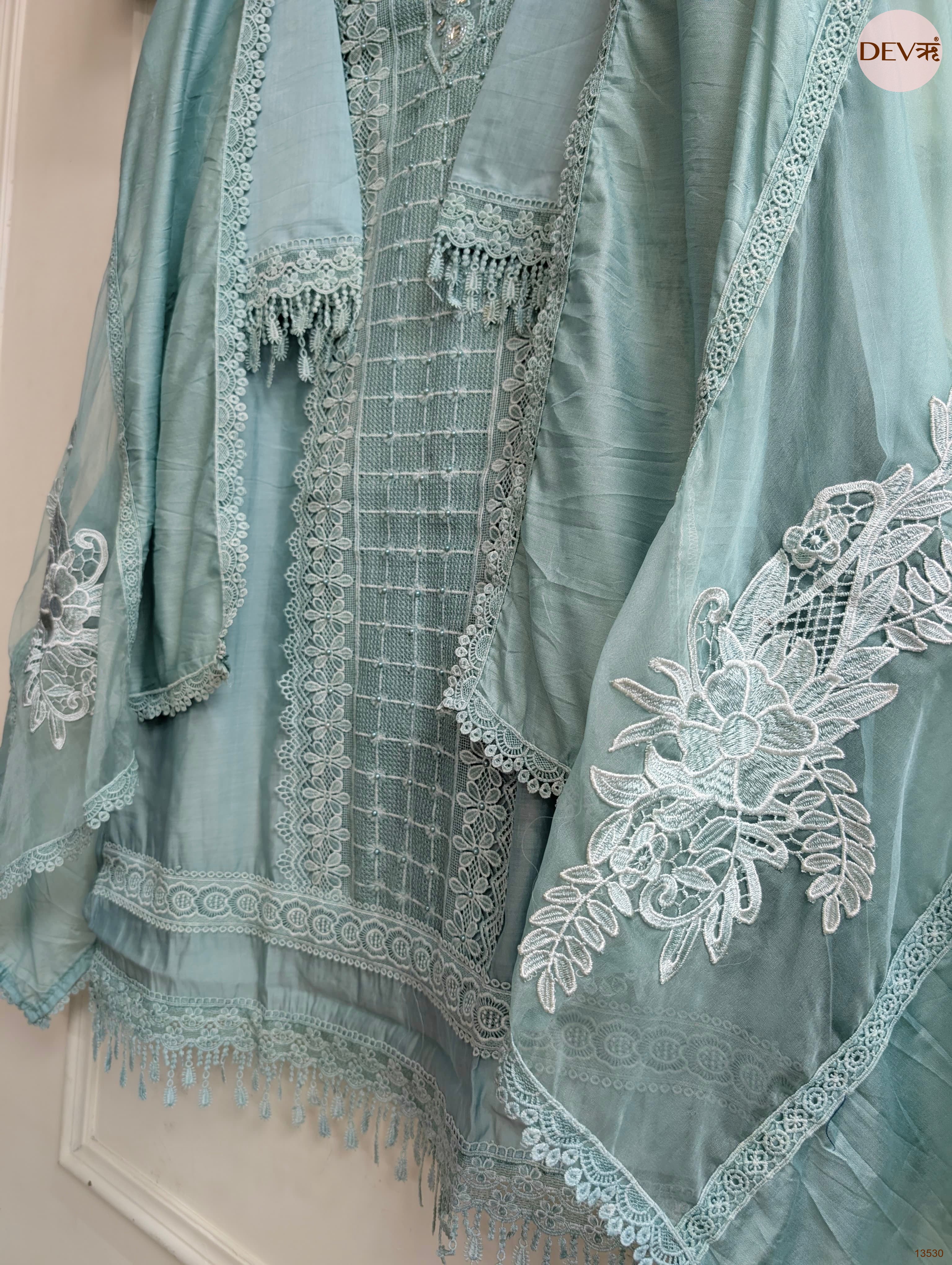 Sea Green Modal Silk Embroidered Unstitched 3-Piece Suit (Devri – D.No 13530)