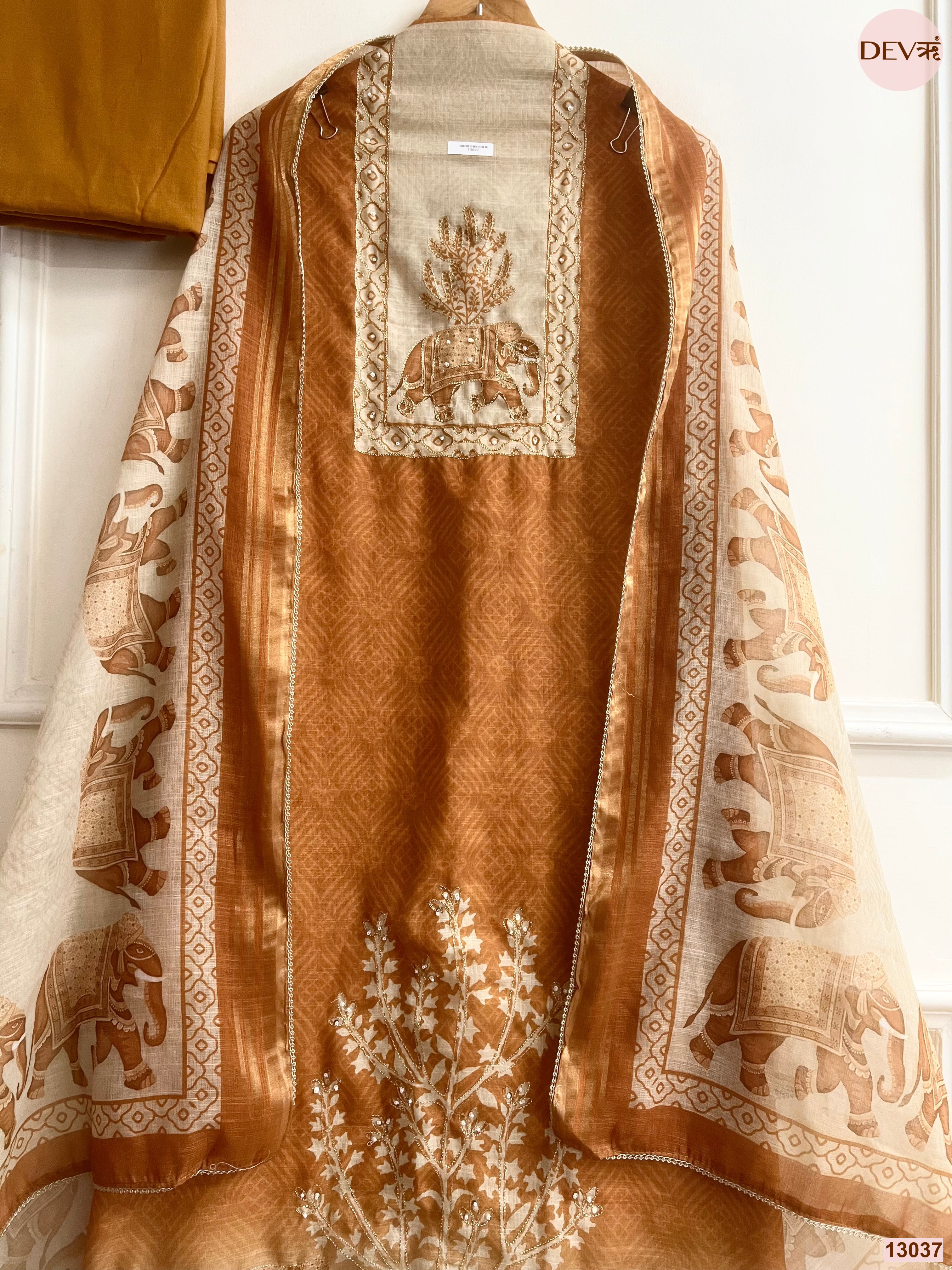 Mustard Linen Cotton Printed Unstitched 3-Piece Suit (Devri – D.No 13037)