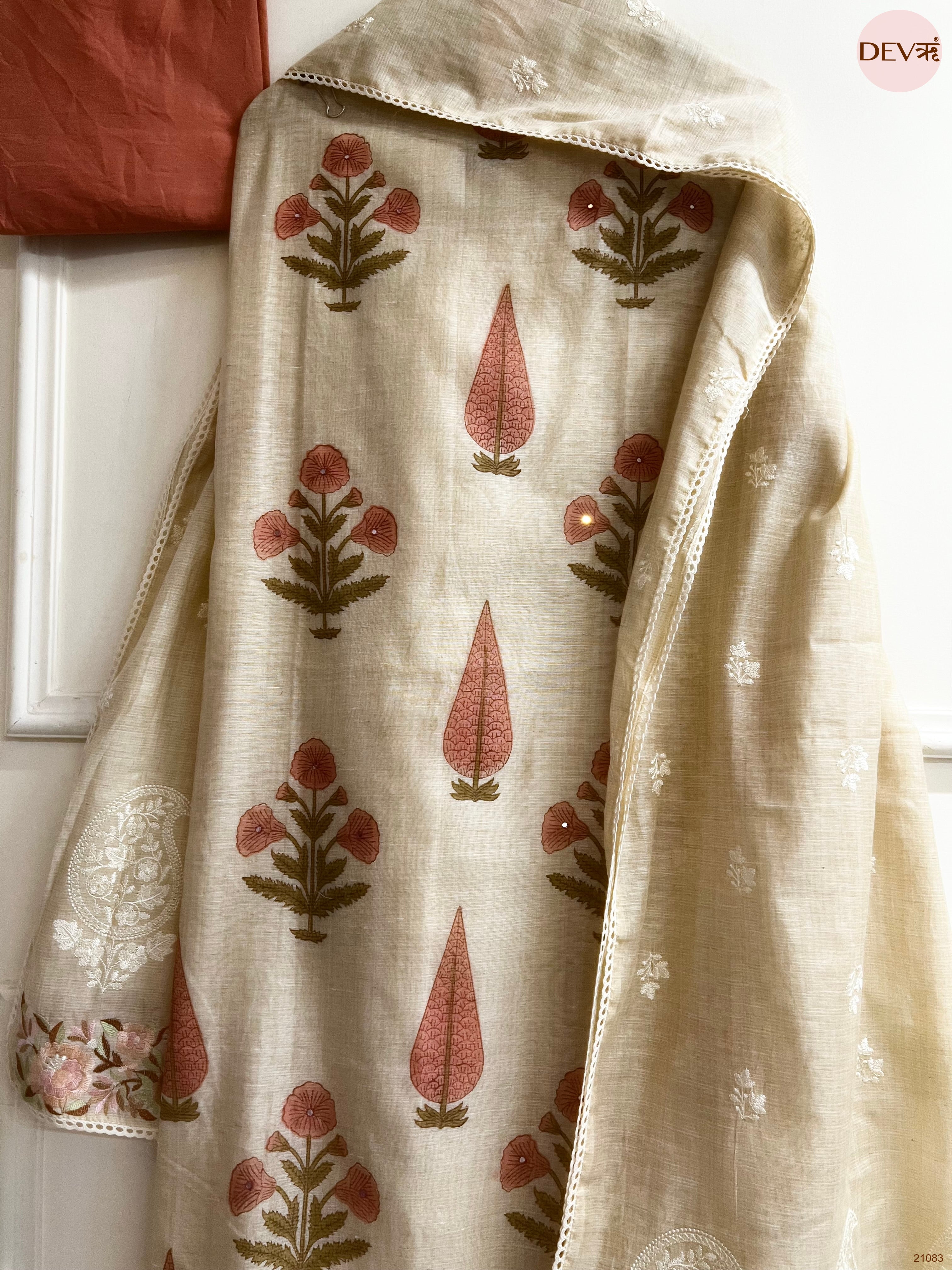 Beige Mul Chanderi Printed Unstitched 3-Piece Suit (Devri – D.No 21083)