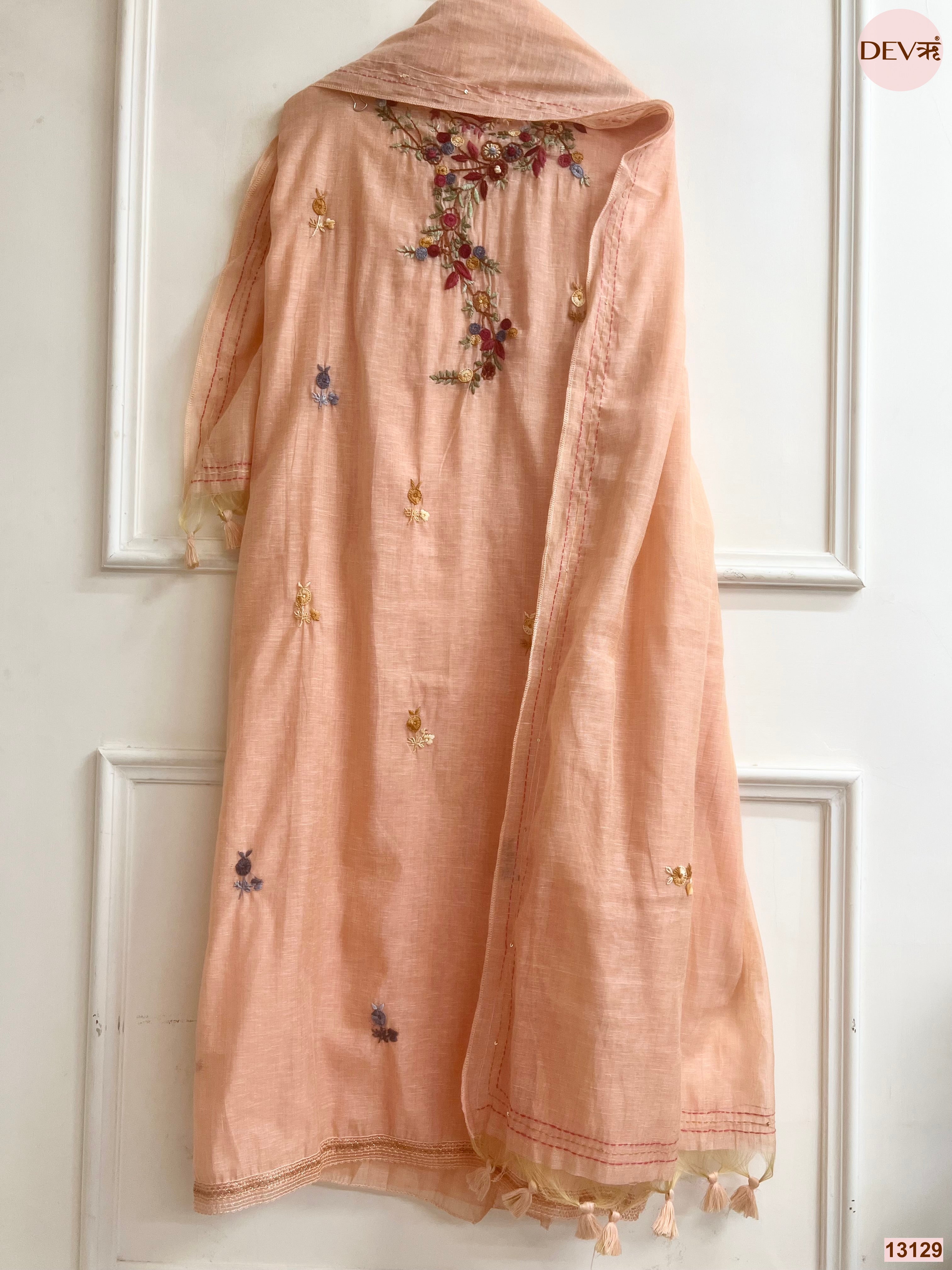Peach Jamdani Cotton Embroidered Unstitched 3-Piece Suit (Devri – D.No 13129)