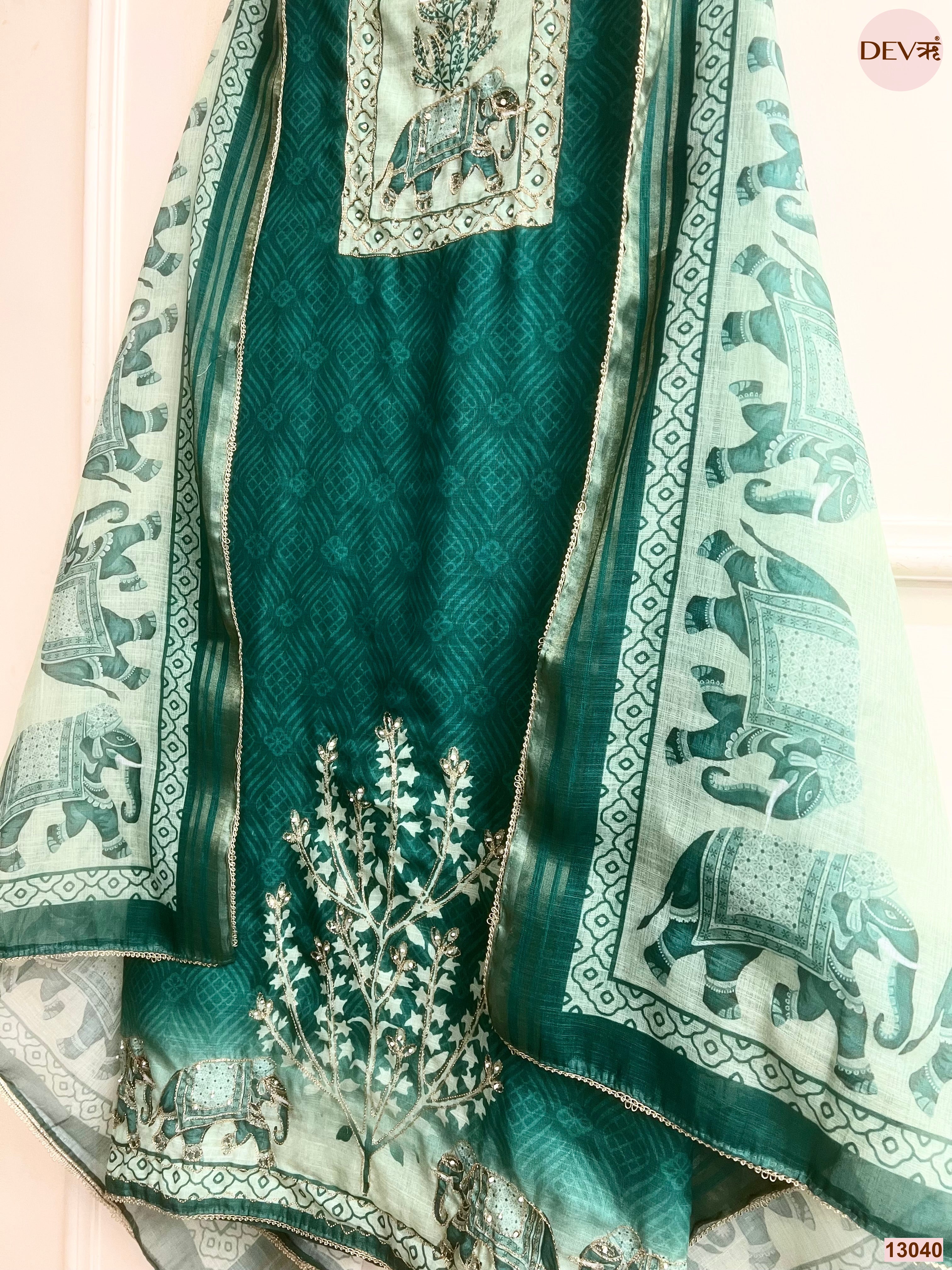 Green Linen Cotton Printed Unstitched 3-Piece Suit (Devri – D.No 13040)