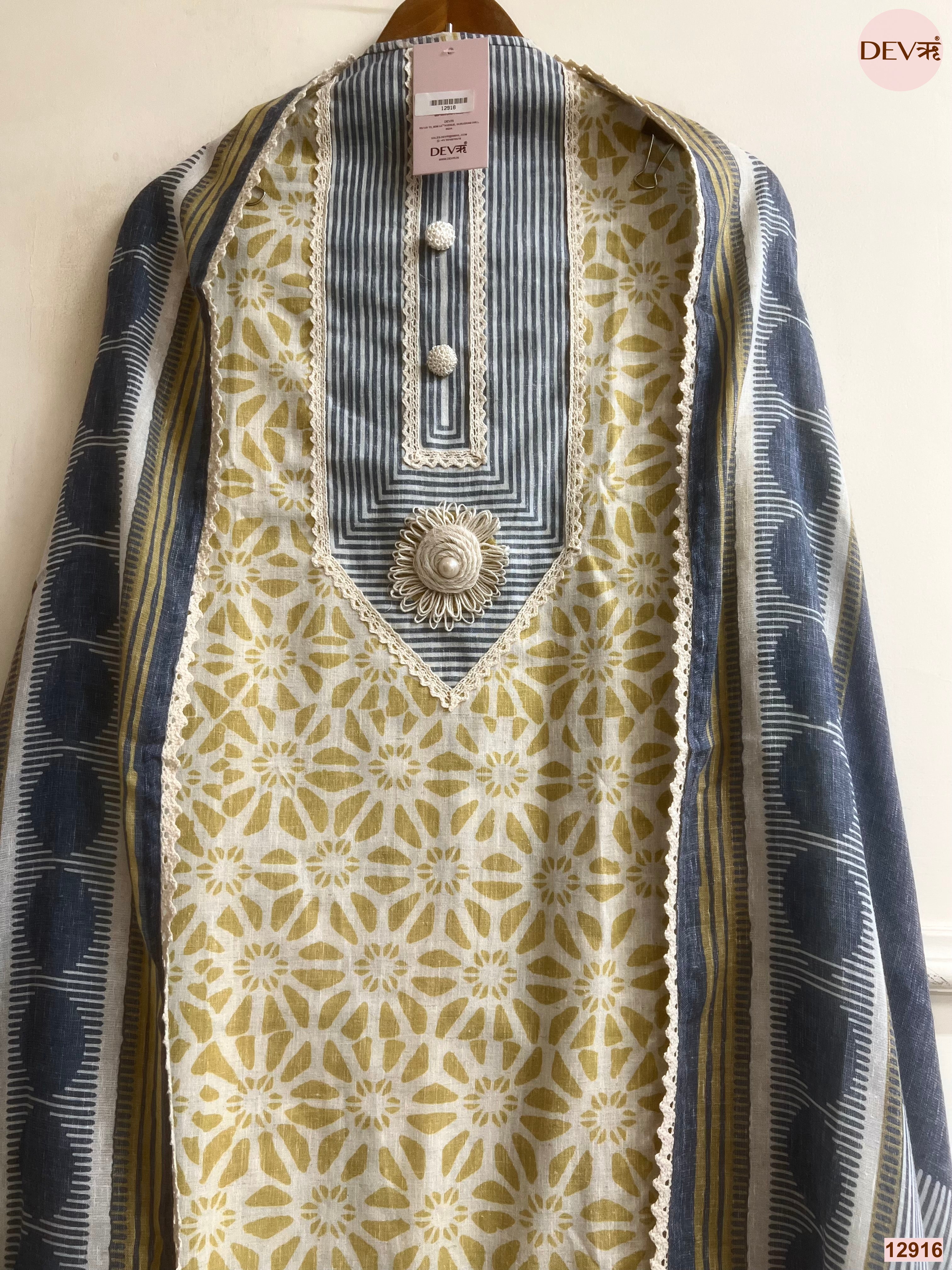 Mustard Cotton Khadi Printed Unstitched 3-Piece Suit (Devri – D.No 12916)