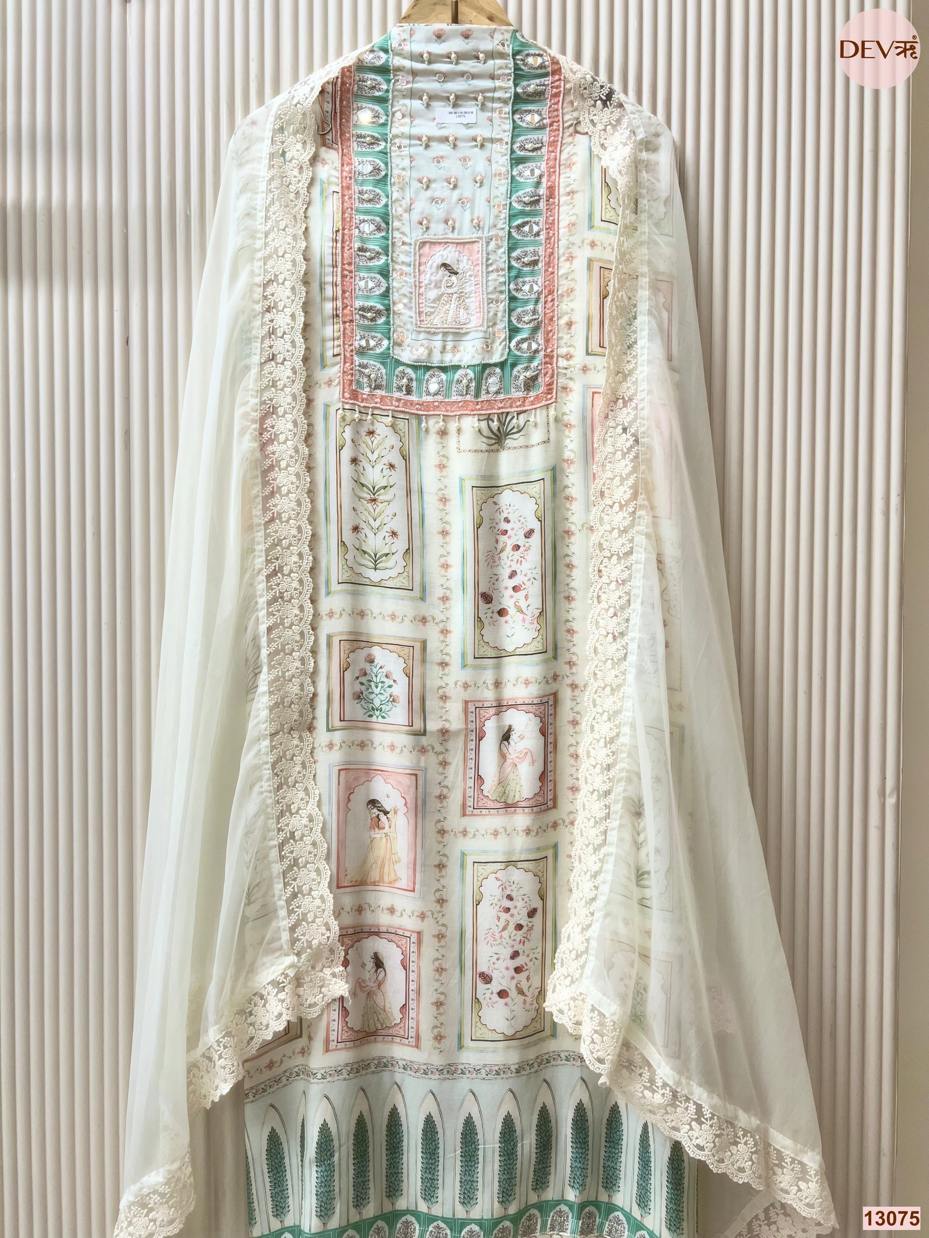 Cream Muslin Printed Unstitched 3-Piece Suit (Devri – D.No 13075)