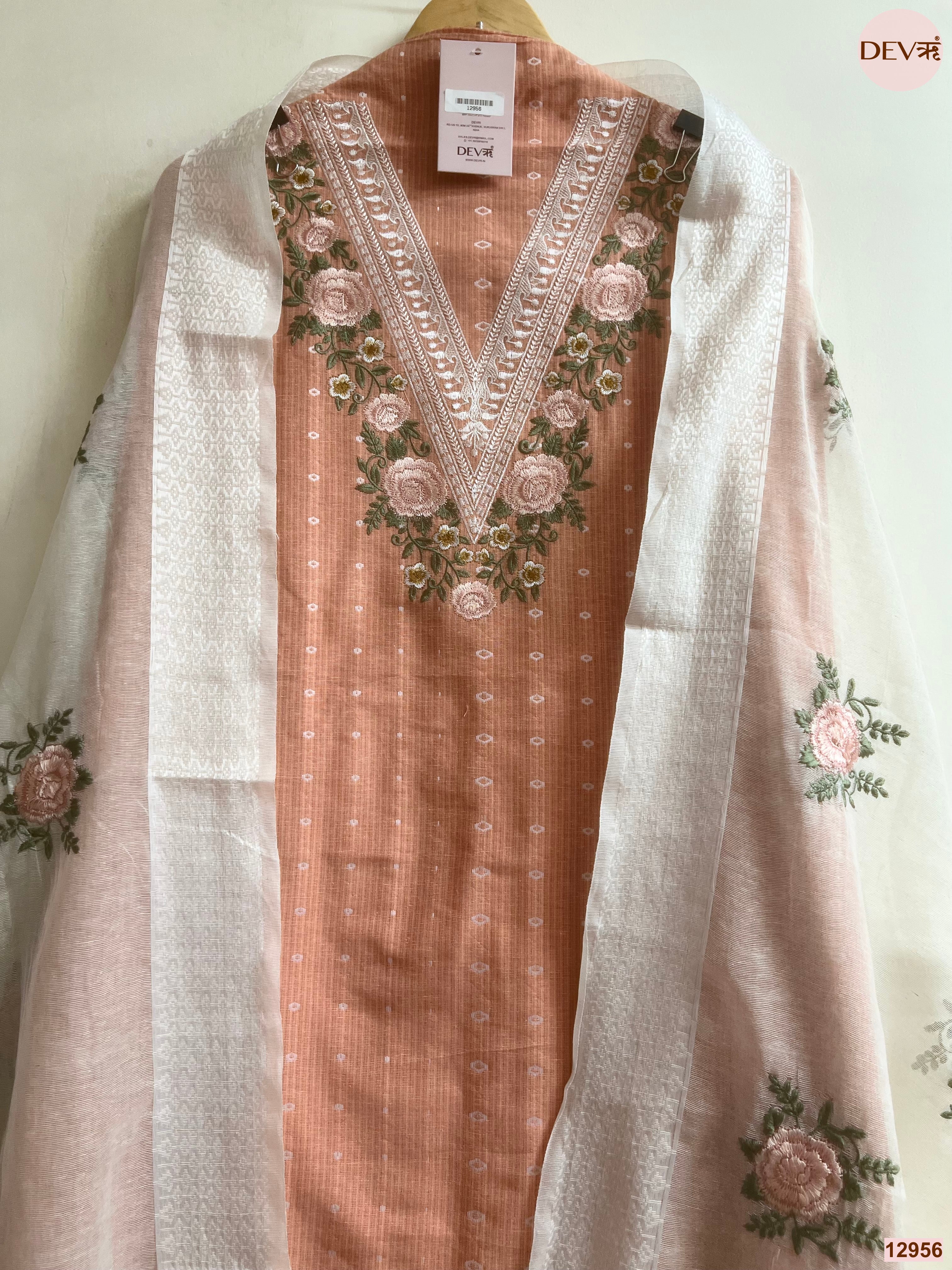 Peach Cotton Handloom Embroidered Unstitched 3-Piece Suit (Devri – D.No 12956)