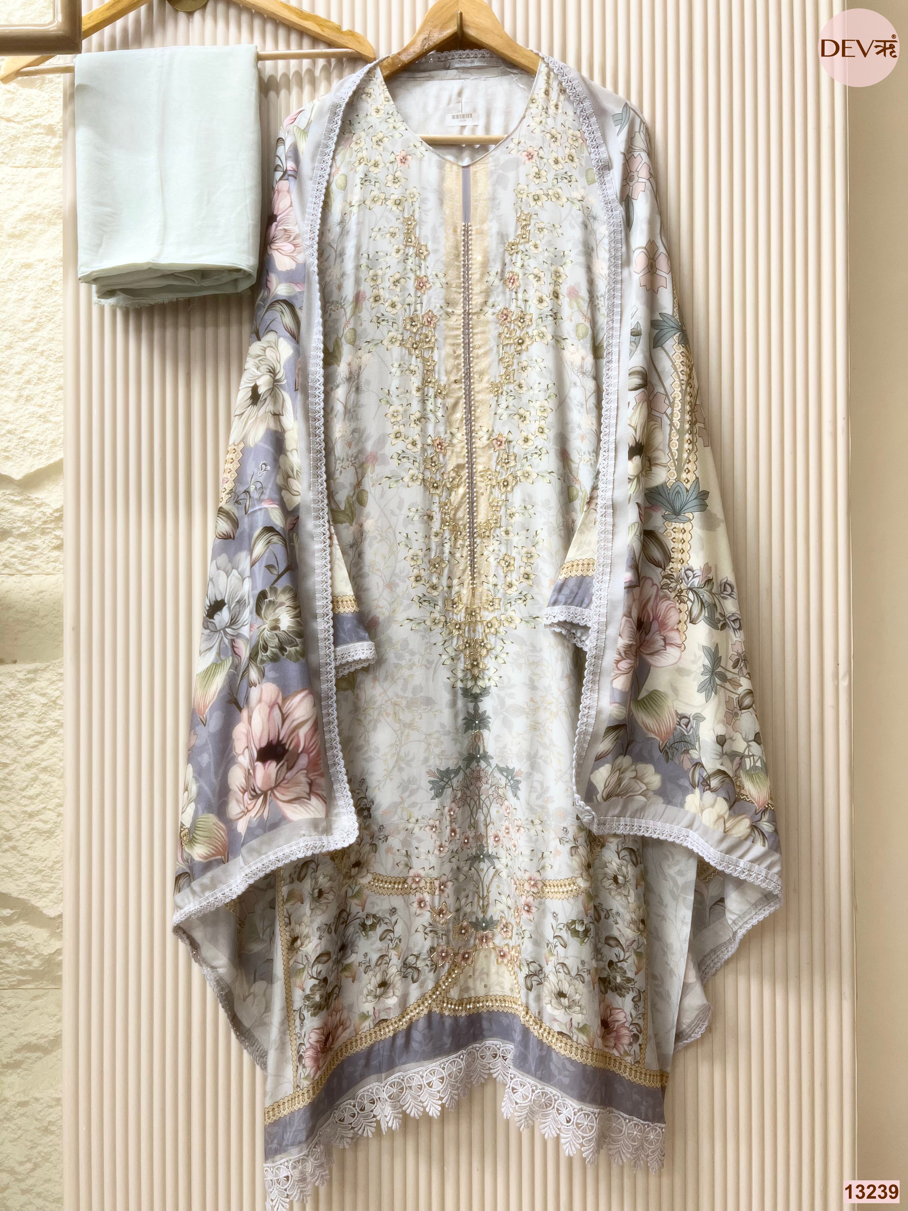 Blue Muslin Printed Unstitched 3-Piece Suit (Devri – D.No 13239)
