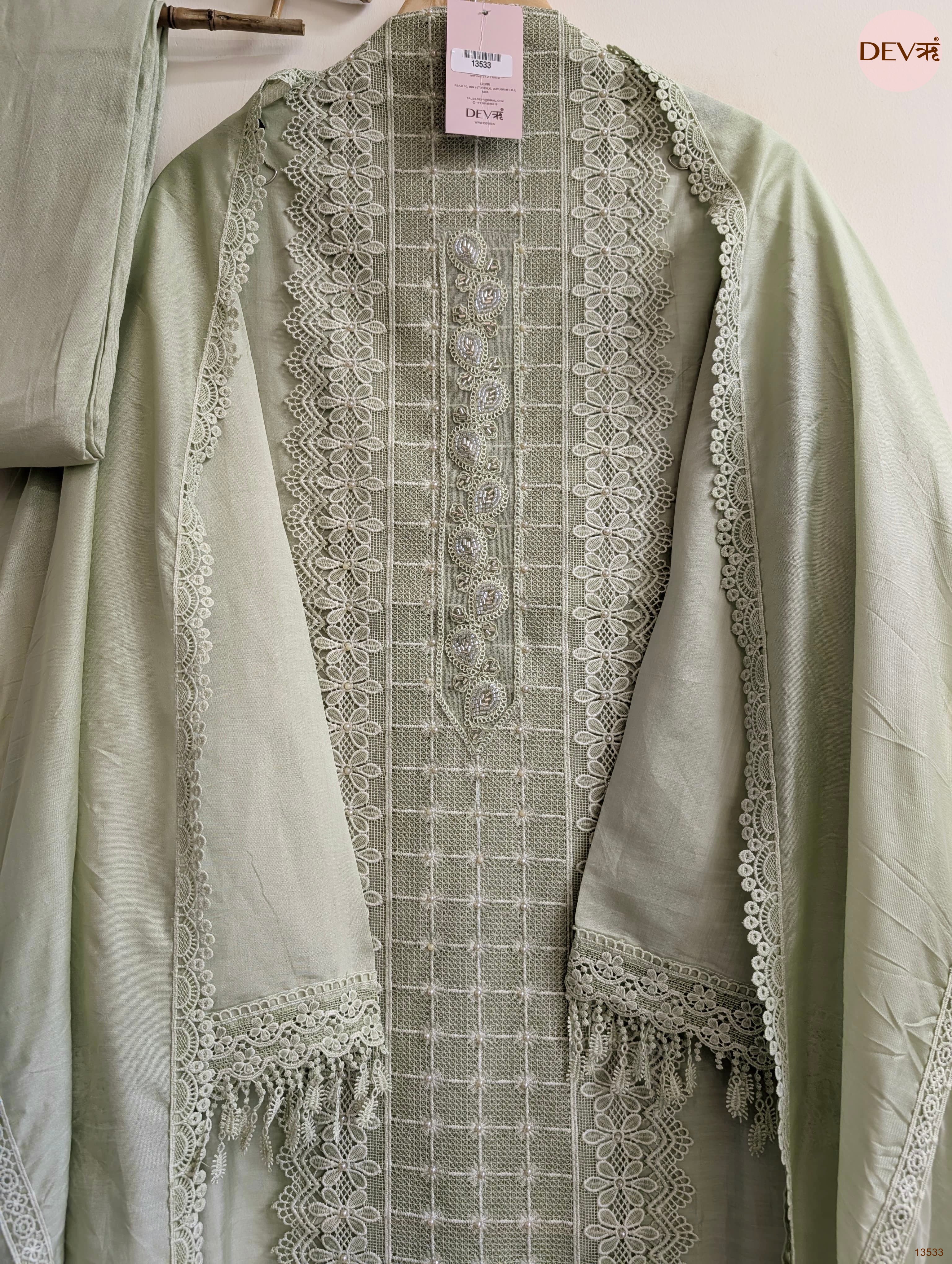 Sage Modal Silk Embroidered Unstitched 3-Piece Suit (Devri – D.No 13533)