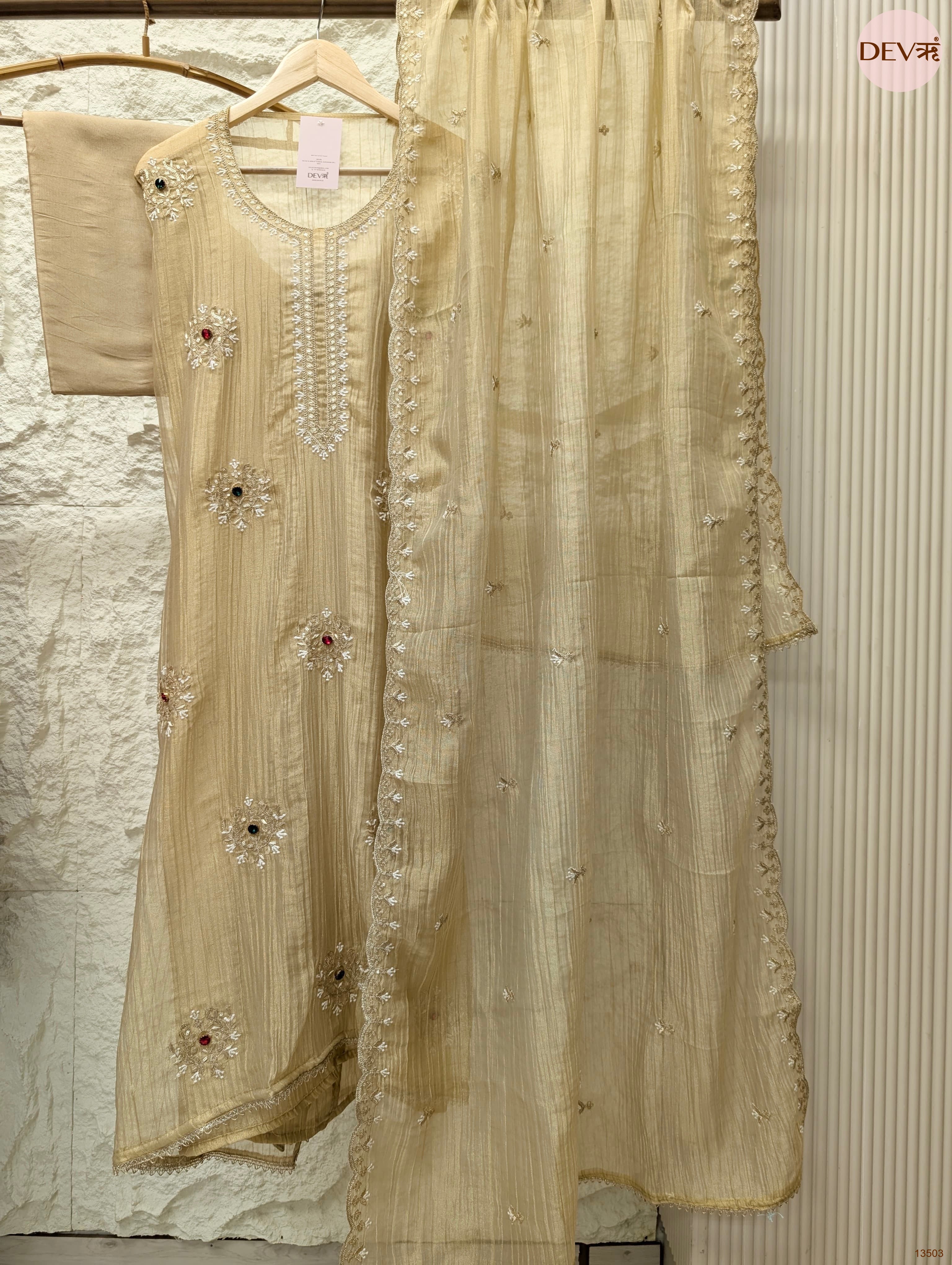Beige Tissue Crush Silk Embroidered Unstitched 3-Piece Suit (Devri – D.No 13503)