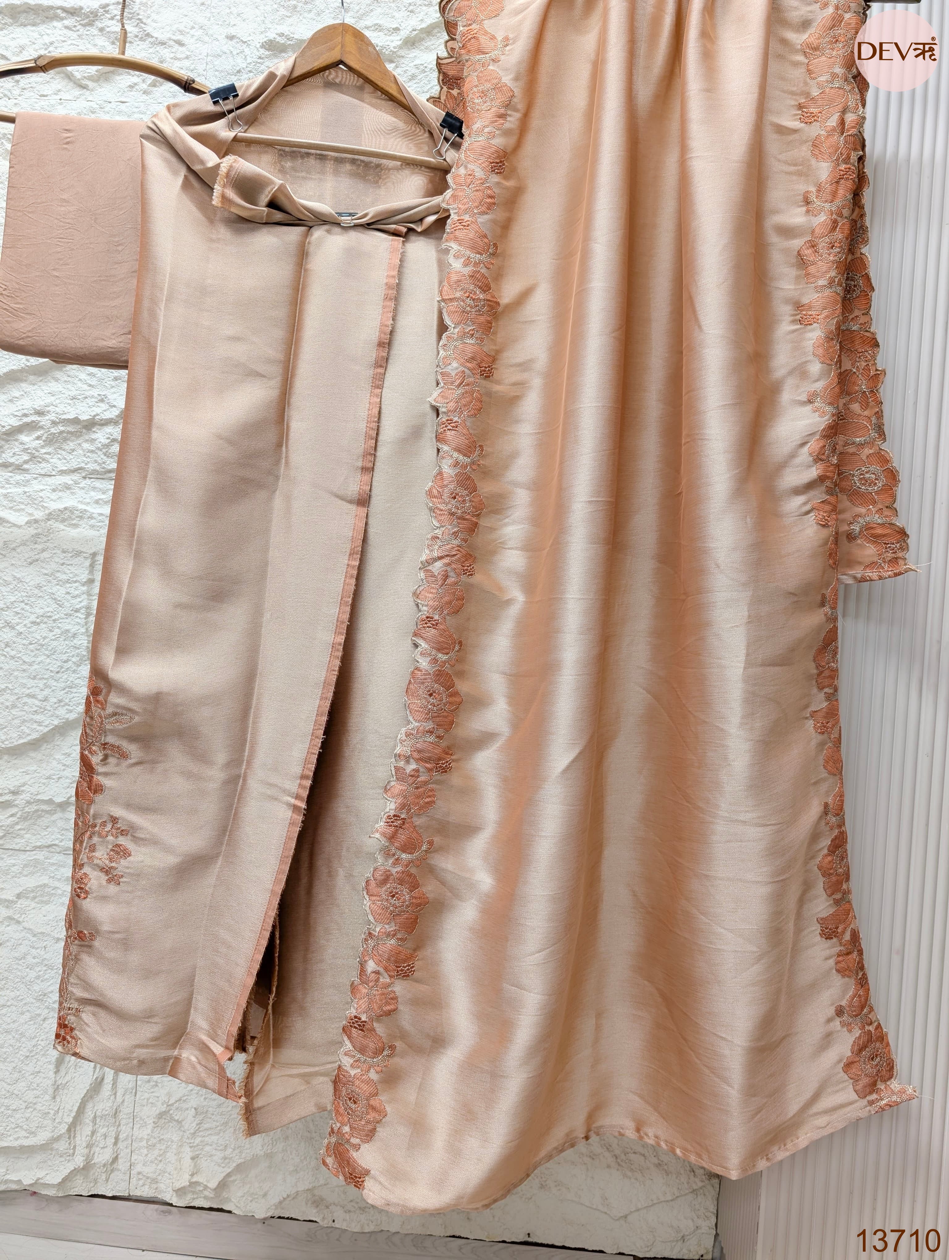 Peach Silk Blend Embroidered Unstitched 3-Piece Suit (Devri – D.No 13710)