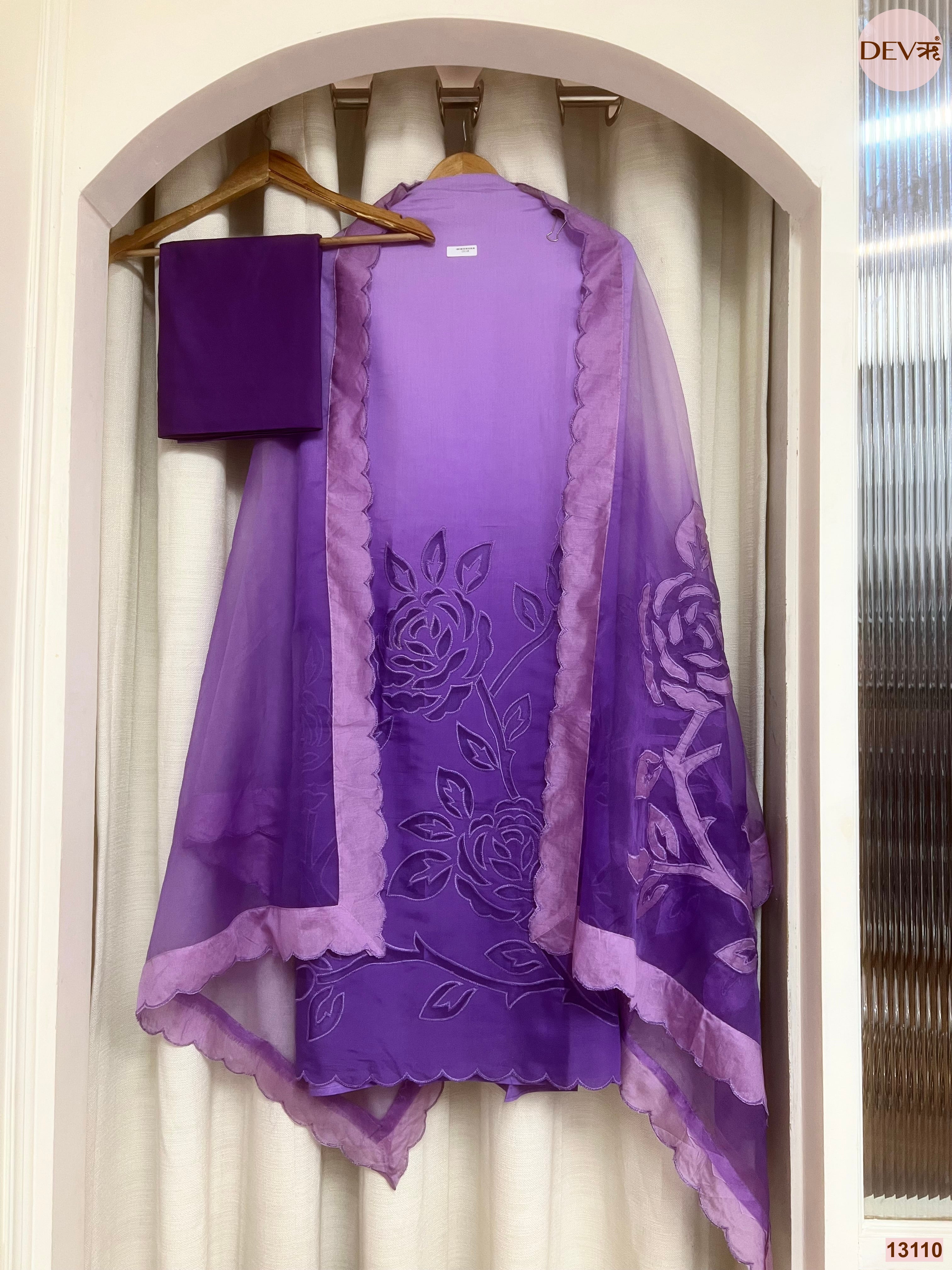 Purple Mul Chanderi Embroidered Unstitched 3-Piece Suit (Devri – D.No 13110)