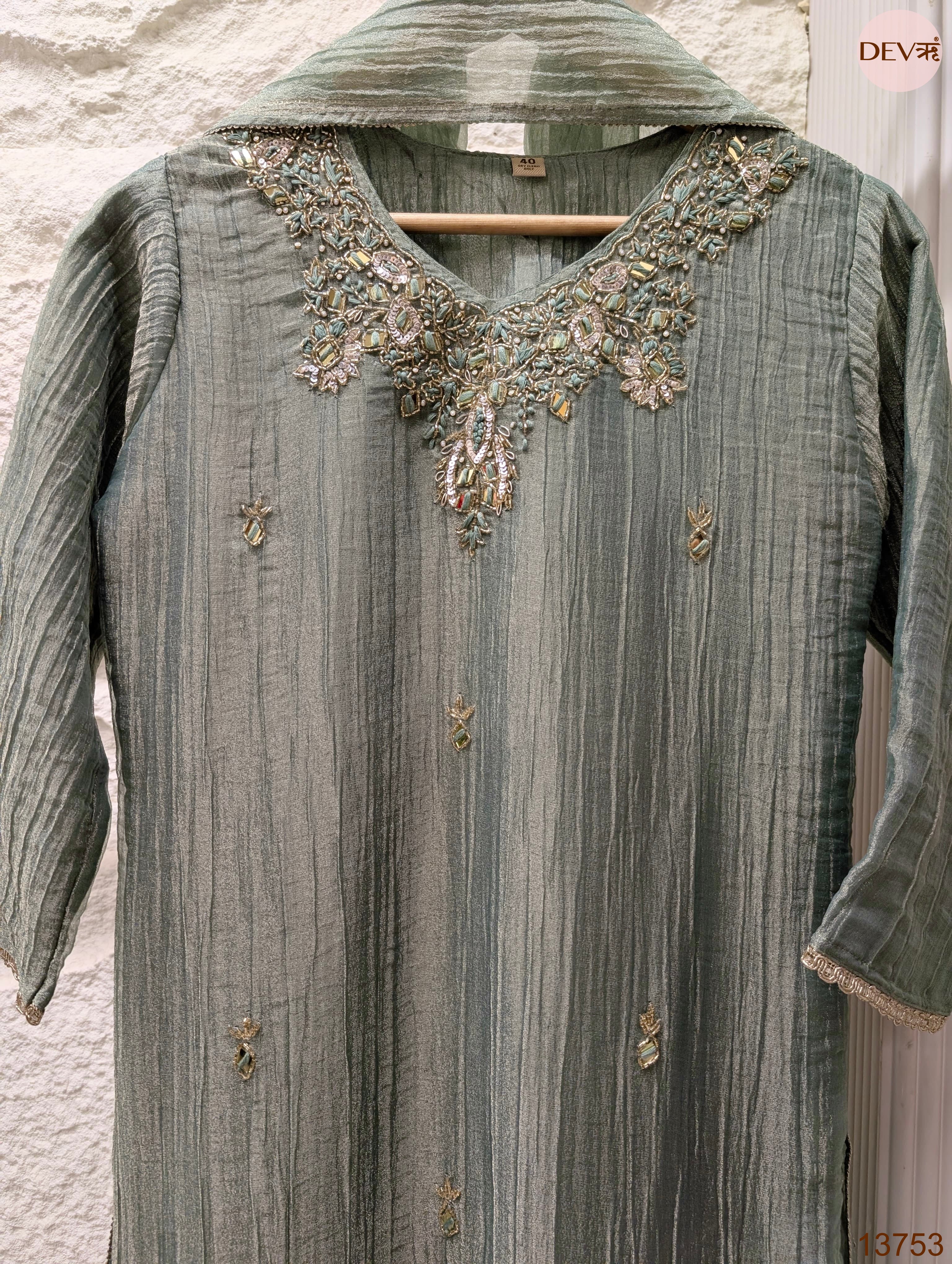 Gulnaar Tissue crush silk Embroidered Sage Green 3-Piece Set (Devri – D.No 13753)