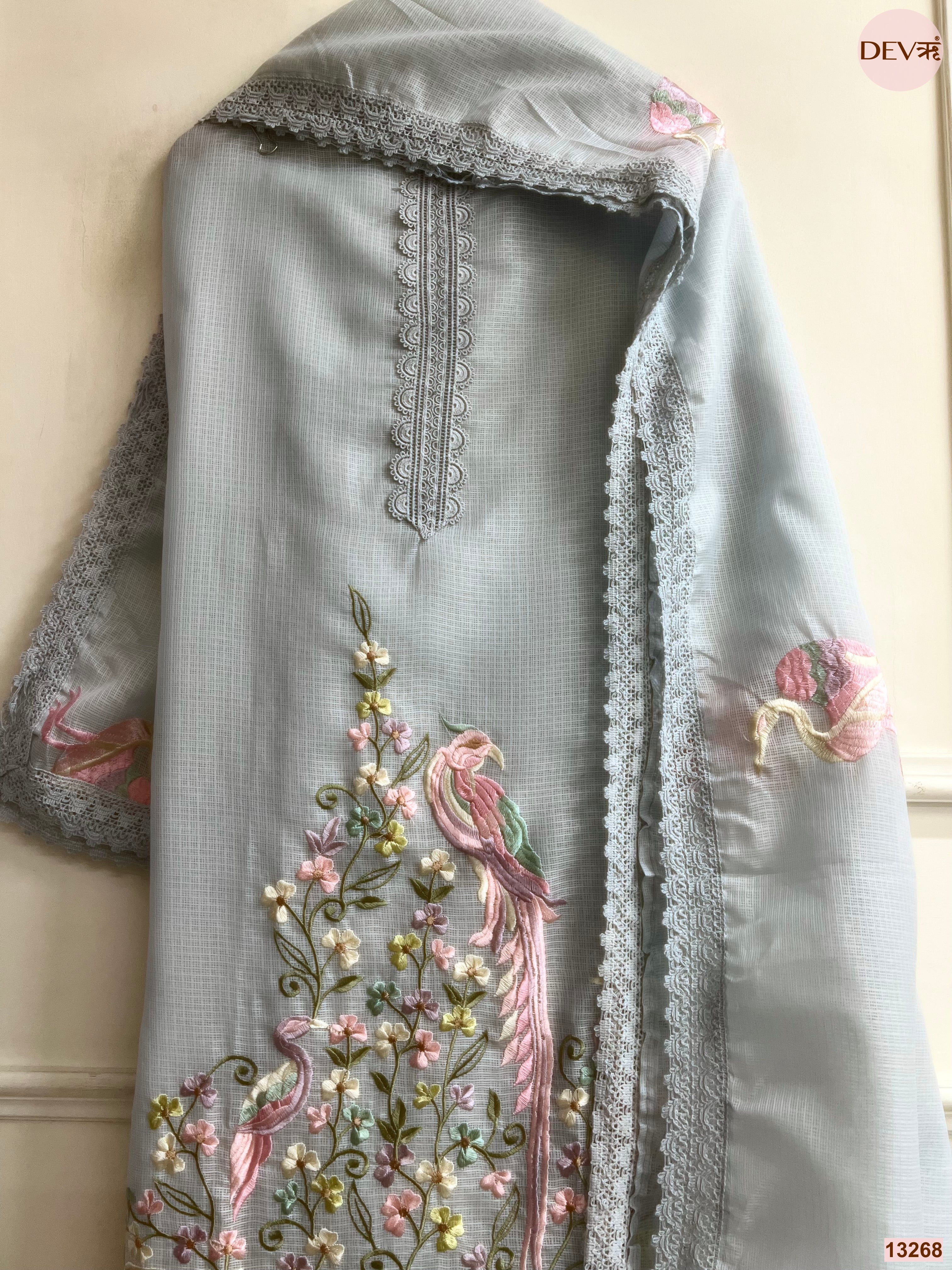 Grey Kota Cotton Embroidered Unstitched 3-Piece Suit (Devri – D.No 13268)