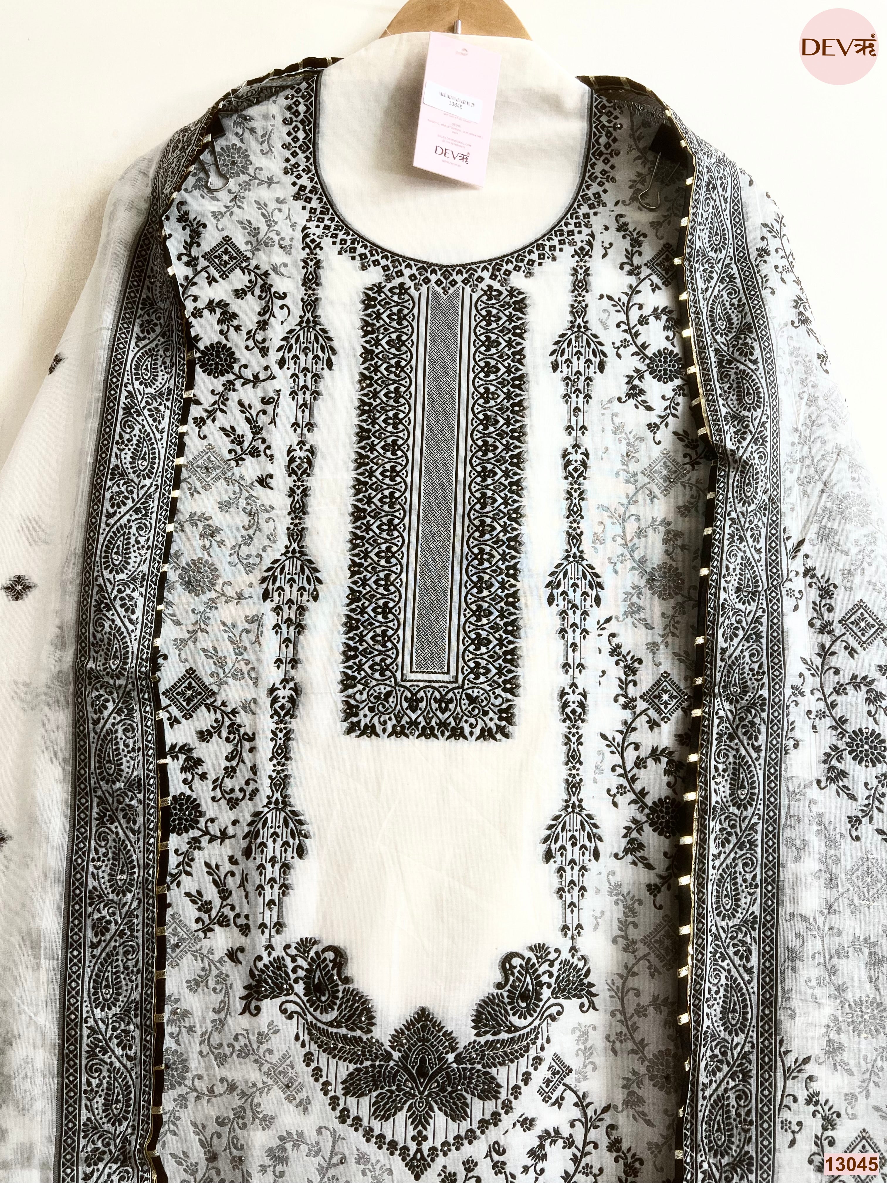 White Cotton Jamdani Printed Unstitched 3-Piece Suit (Devri – D.No 13045)