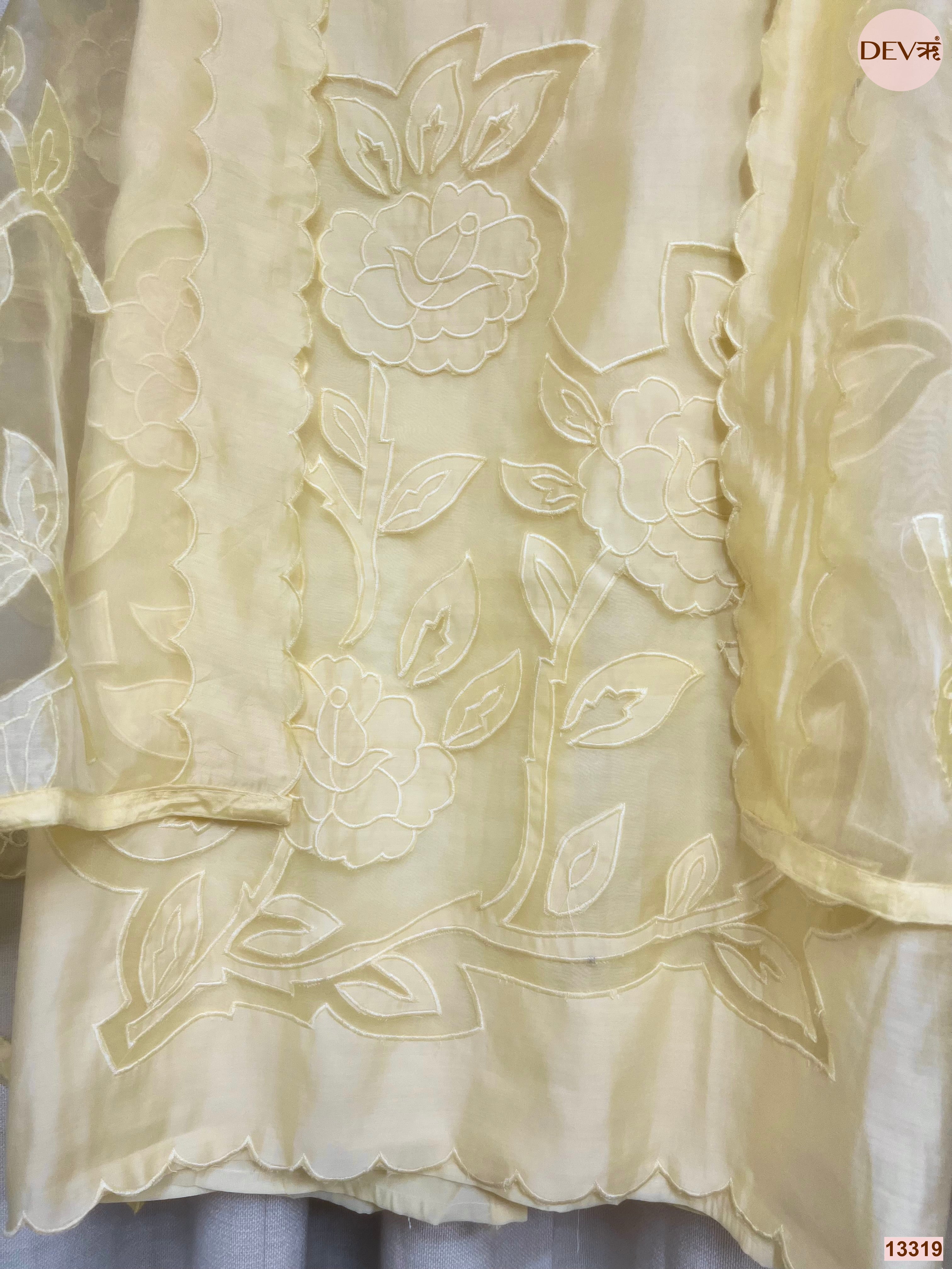 Yellow Roman Silk Embroidered Unstitched 3-Piece Suit (Devri – D.No 13319)
