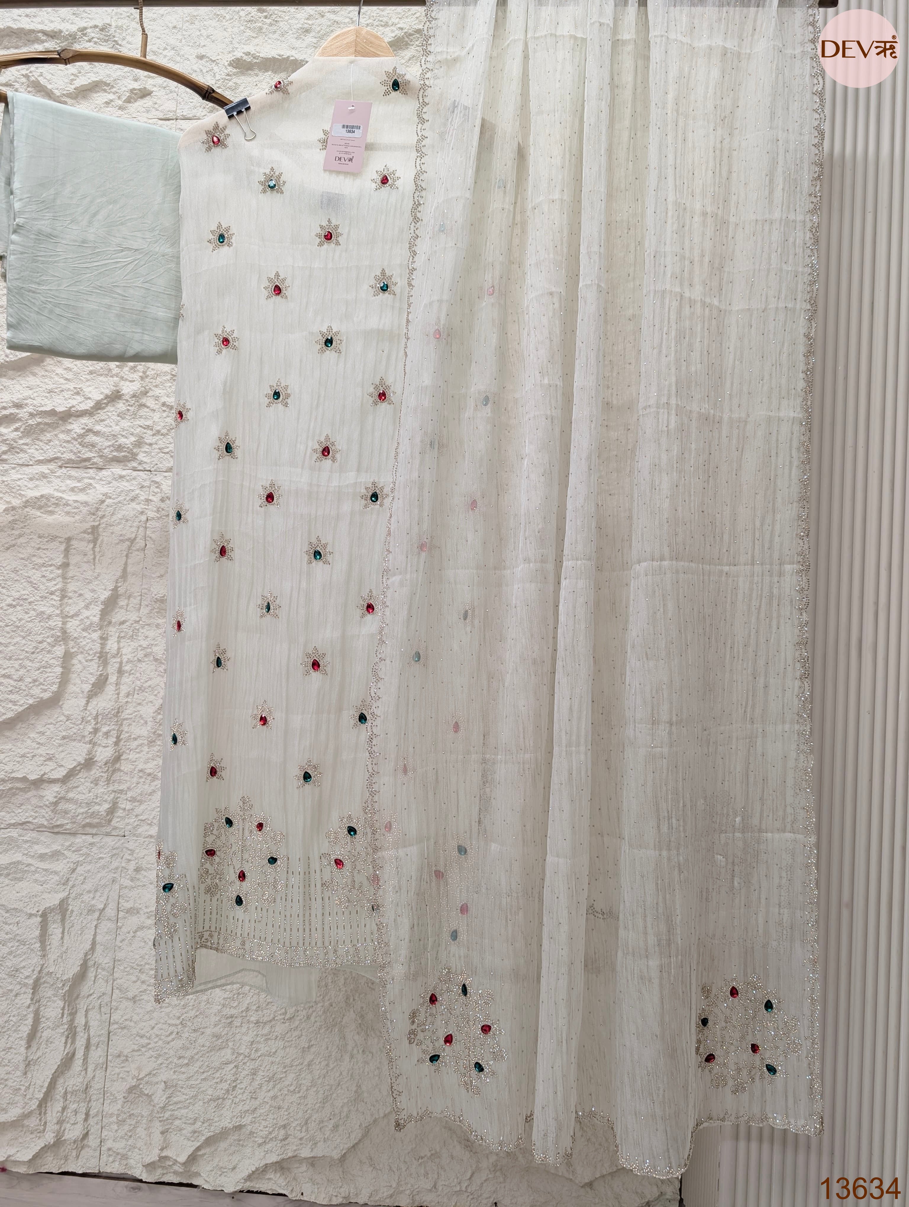 Off White Pure Organza Silk Embroidered Unstitched 3-Piece Suit (Devri – D.No 13634)
