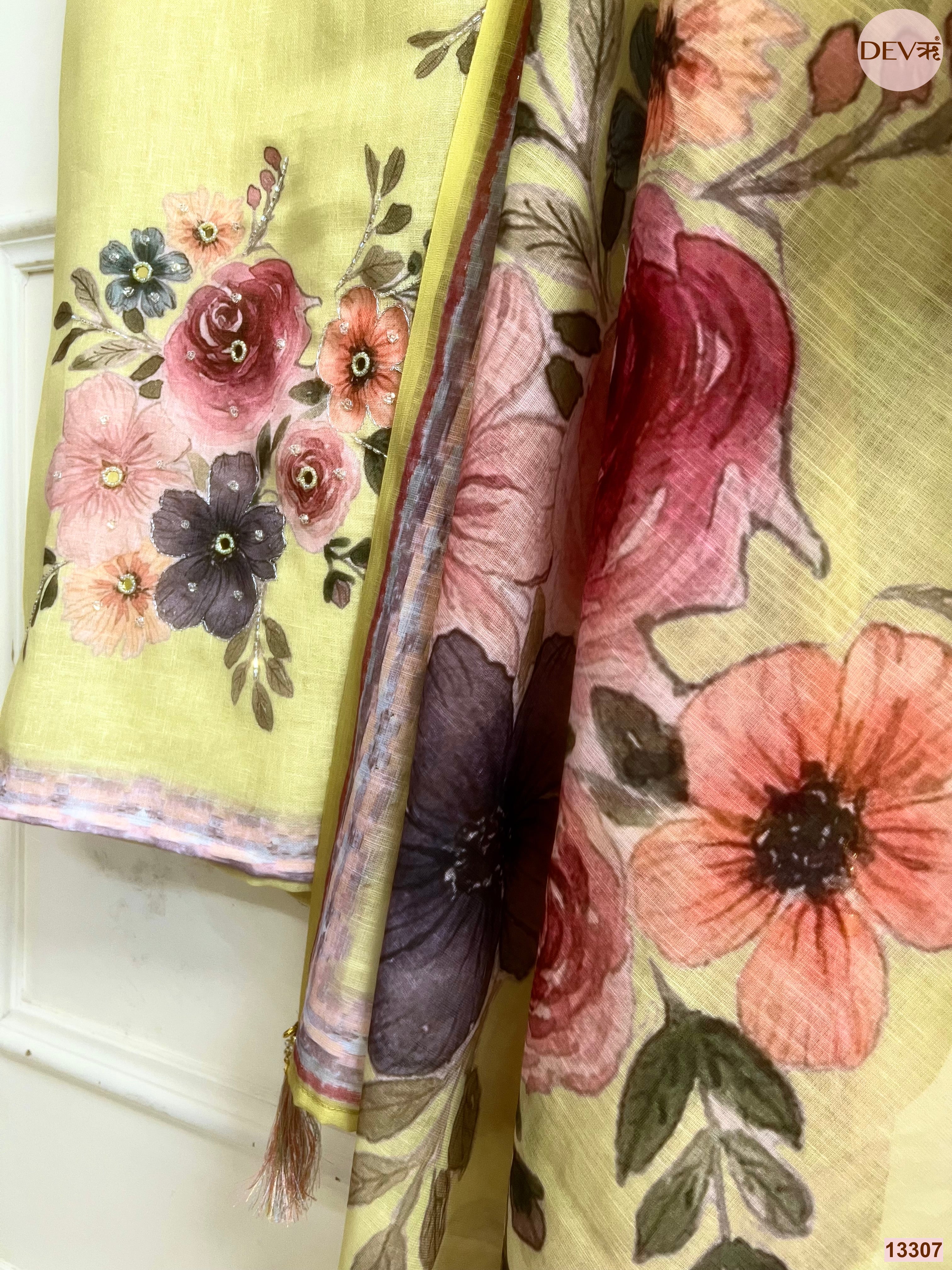 Yellow Linen Cotton Printed Unstitched 3-Piece Suit (Devri – D.No 13307)