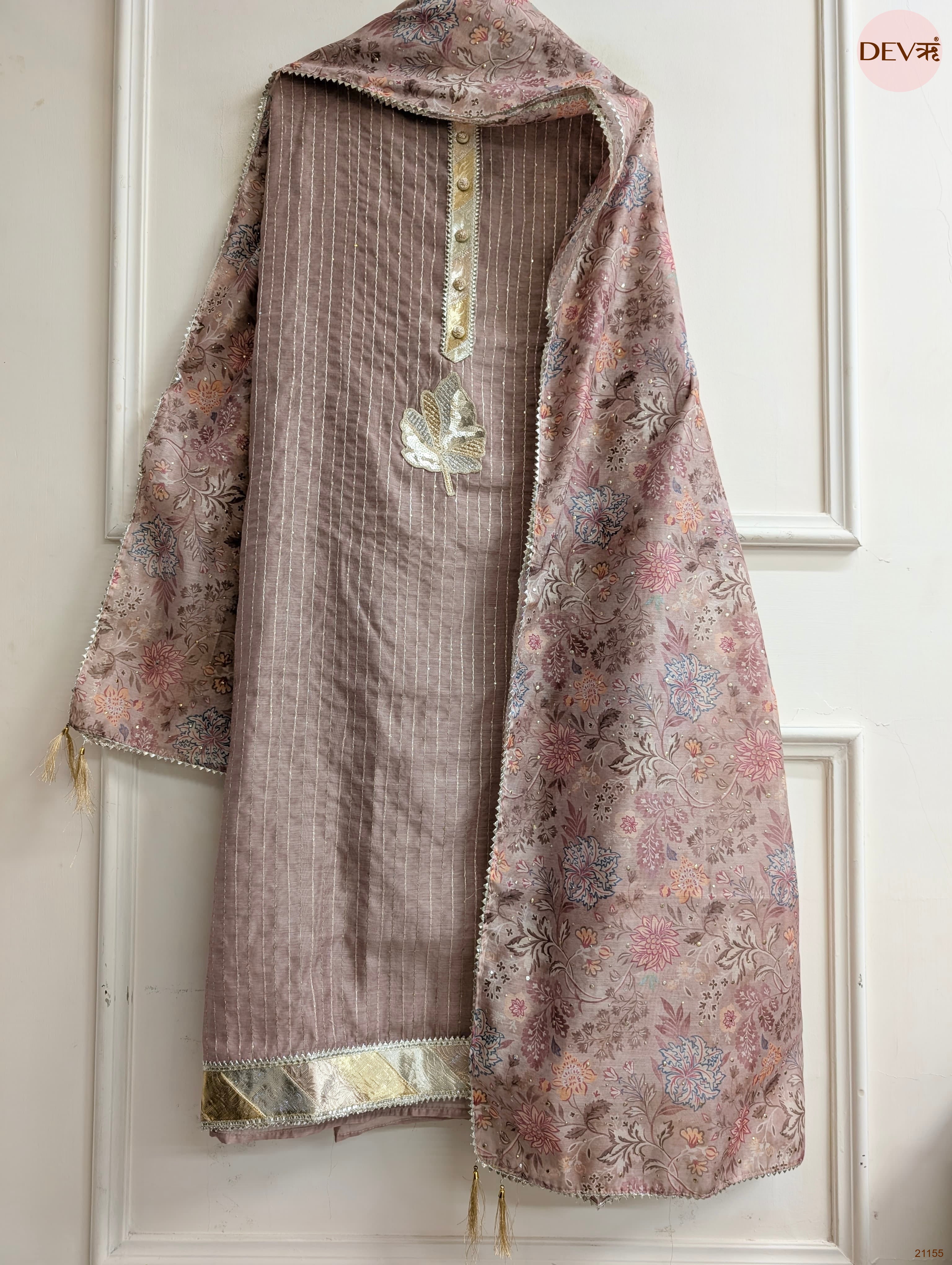 Taupe Pure Chanderi Printed Unstitched 3-Piece Suit (Devri – D.No 21155)