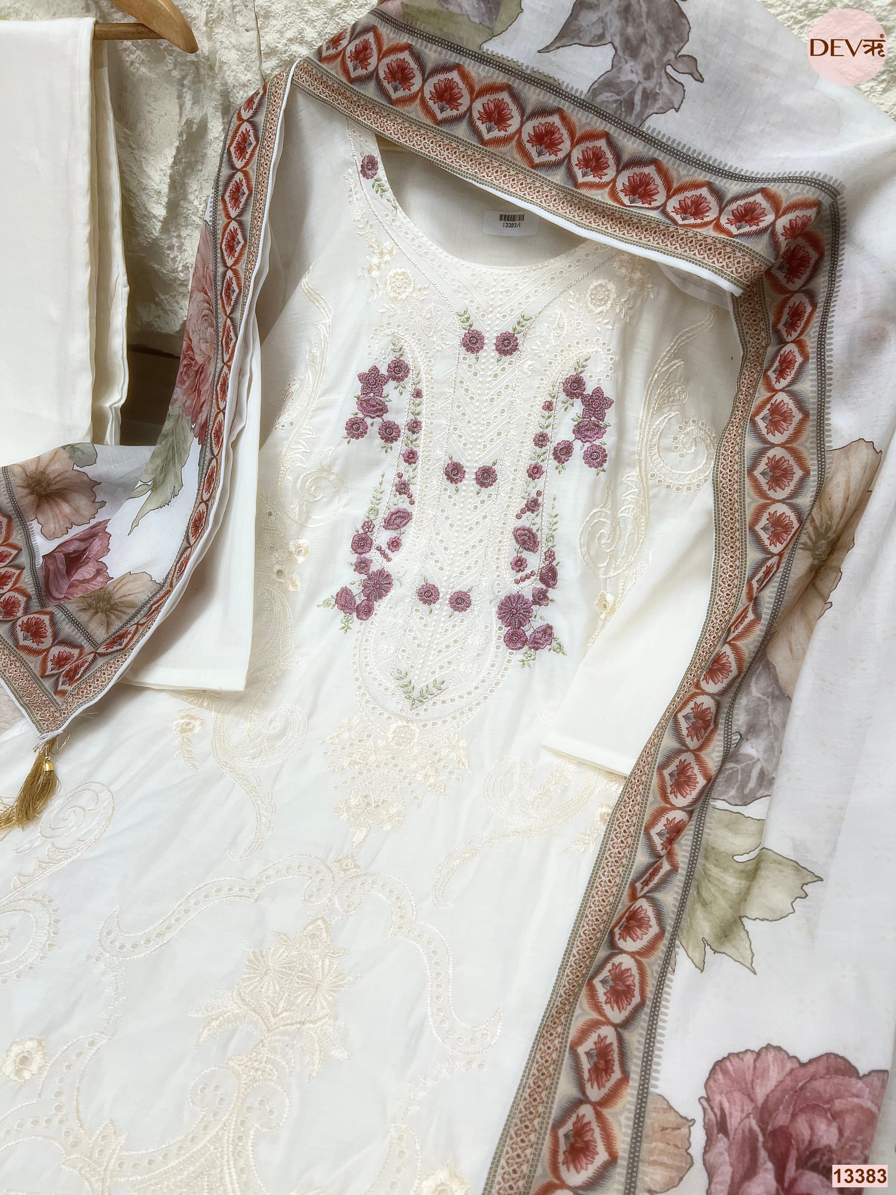 Gulnaar Pure Mul Cotton Embroidered Off-White 3-Piece Set (Devri – D.No 13383)