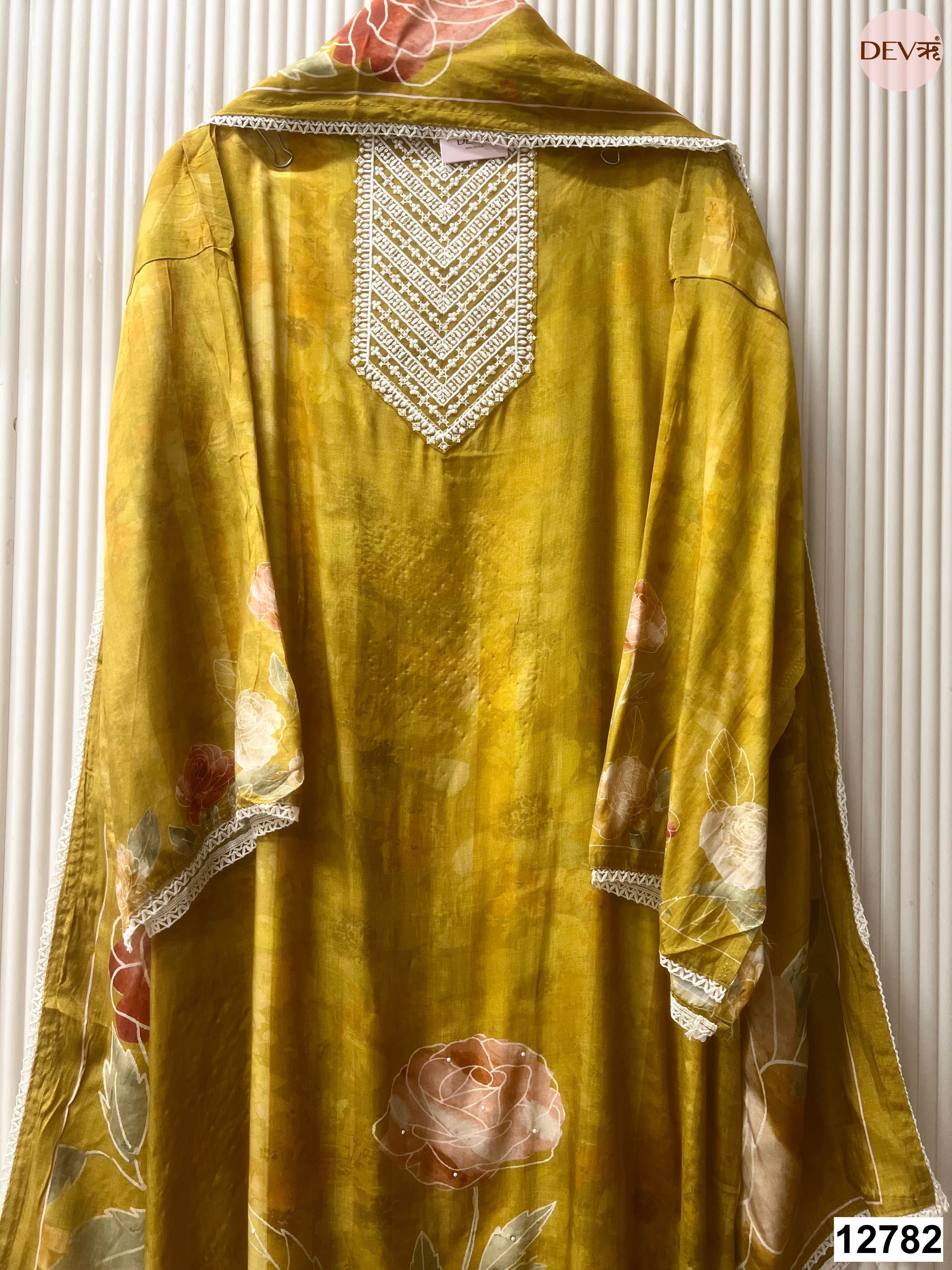Mustard Muslin Printed Unstitched 3-Piece Suit (Devri – D.No 12782)
