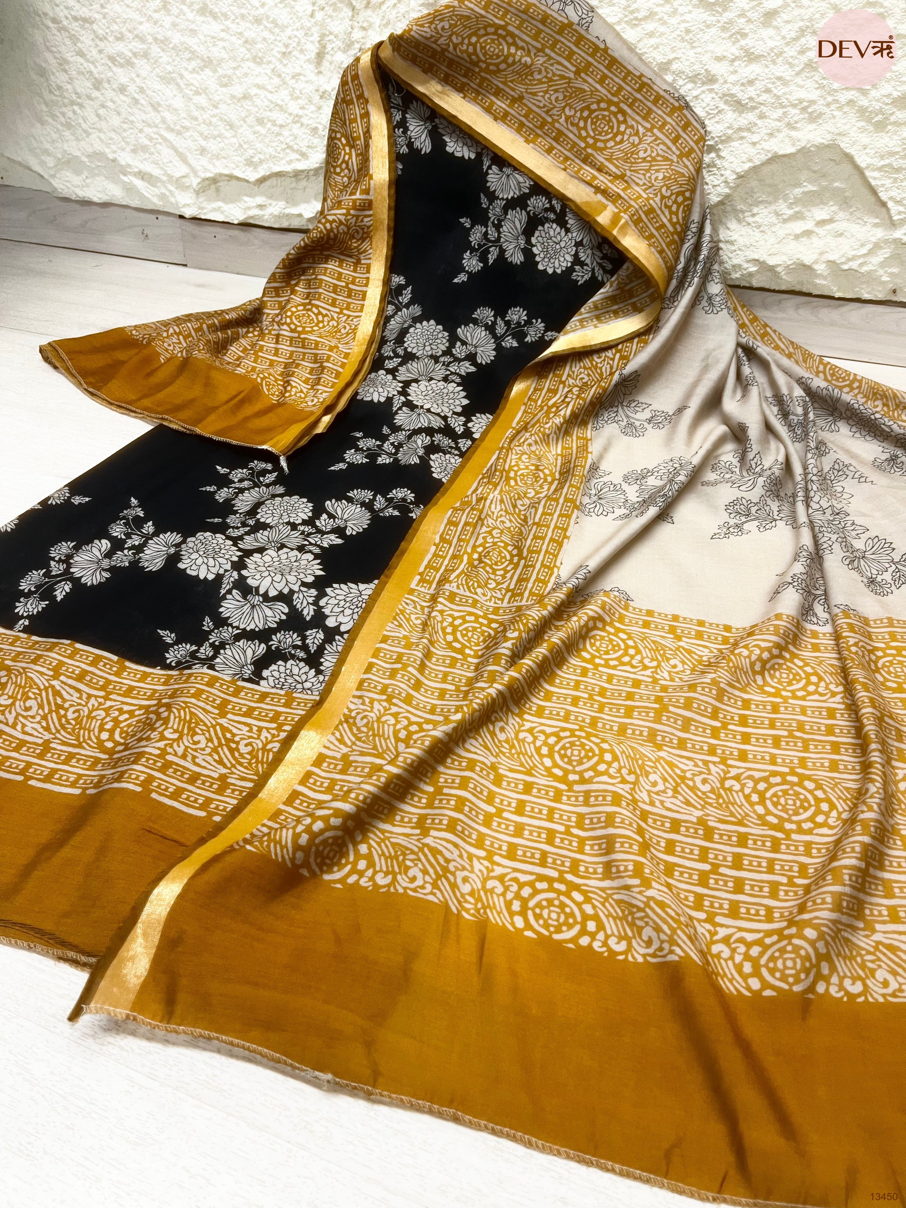 Black Maheshwari Silk Printed Unstitched 3-Piece Suit (Devri – D.No 13450)
