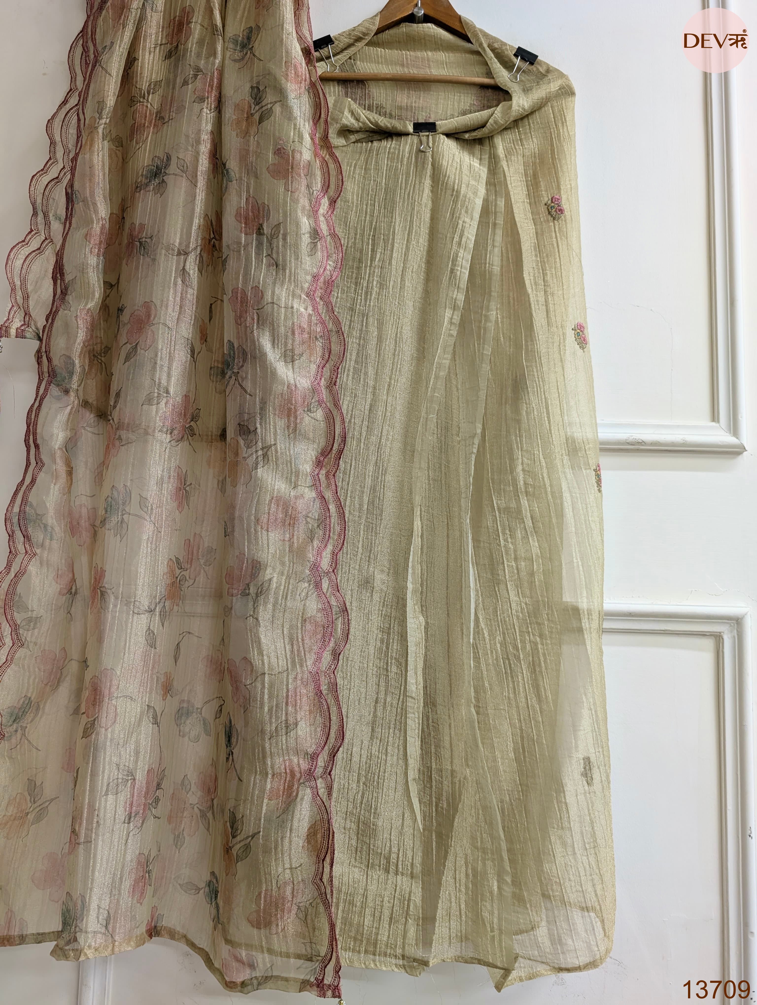 Beige Crush Tissue Silk Embroidered Unstitched 3-Piece Suit (Devri – D.No 13709)
