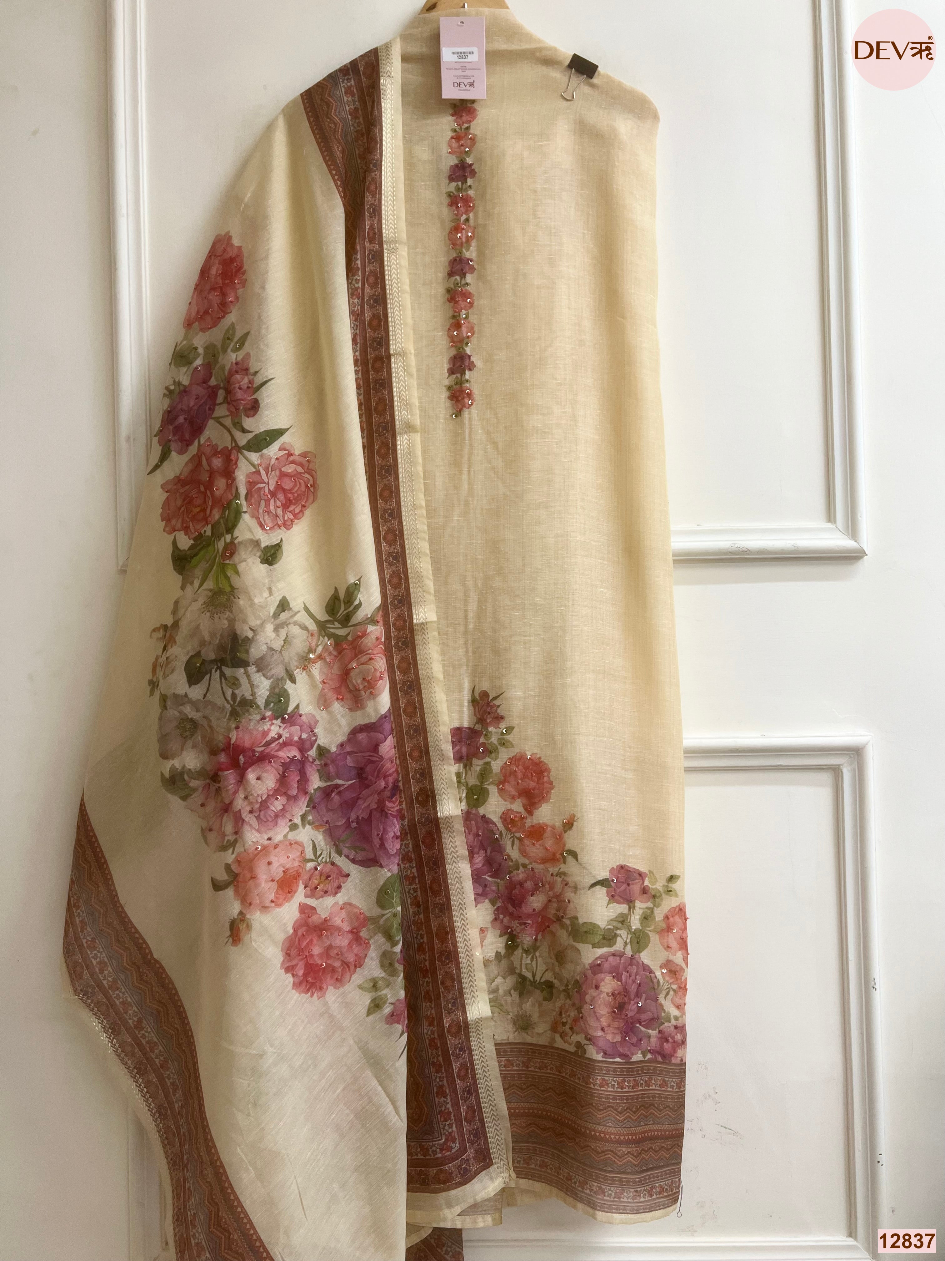 Cream Mul Chanderi Printed Unstitched 3-Piece Suit (Devri – D.No 12837)