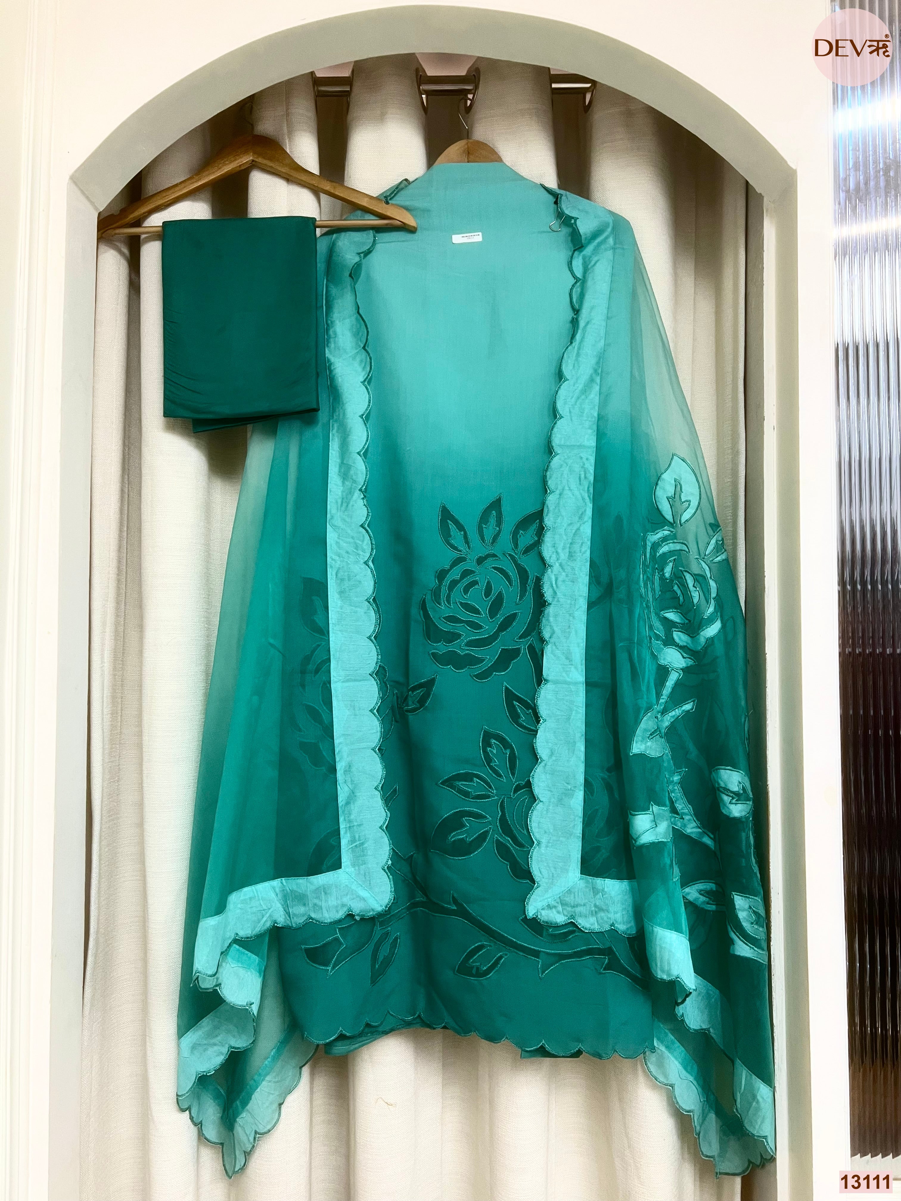 Turquoise Mul Chanderi Embroidered Unstitched 3-Piece Suit (Devri – D.No 13111)
