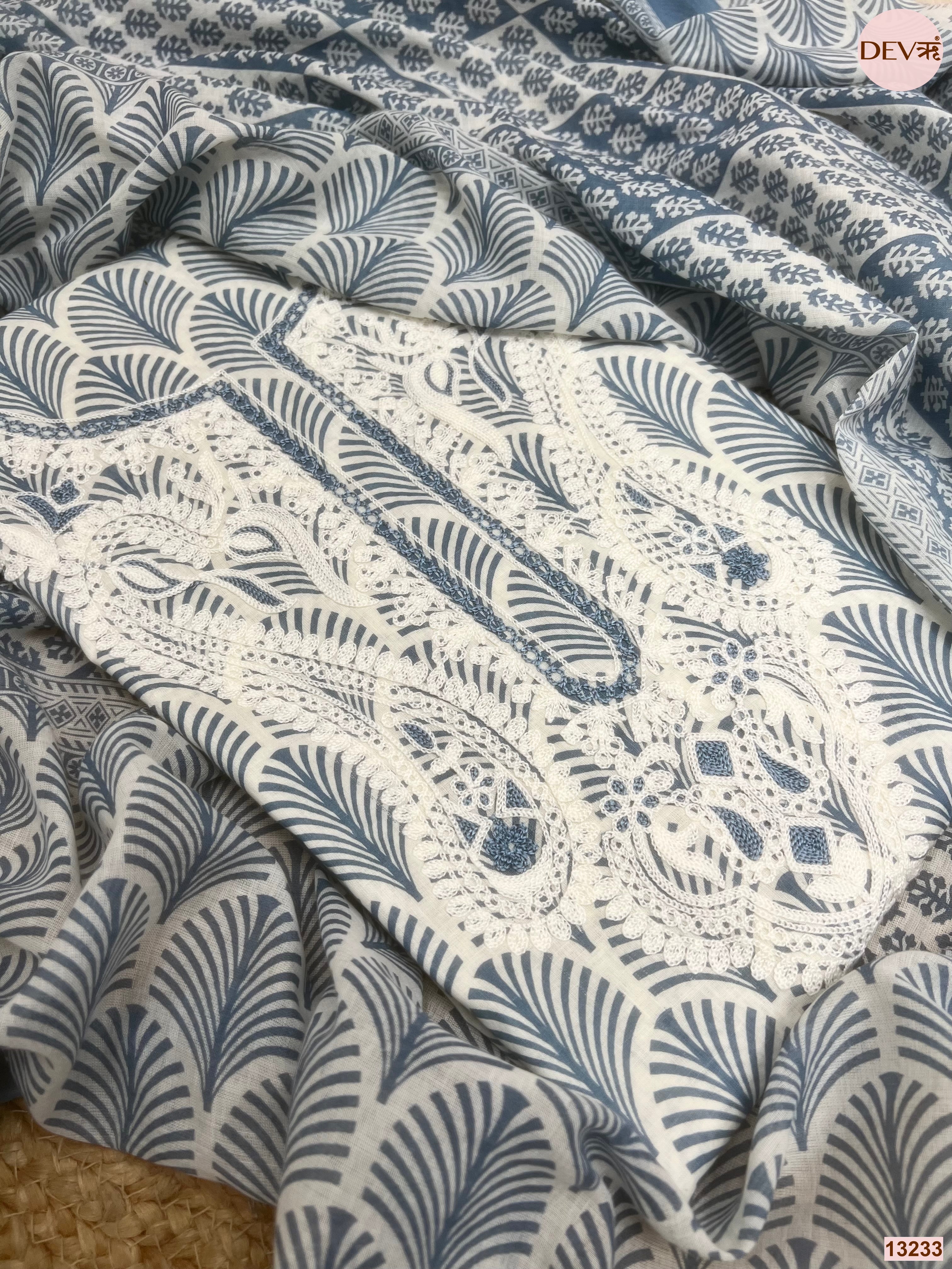 Blue Cotton Printed Unstitched 3-Piece Suit (Devri – D.No 13233)