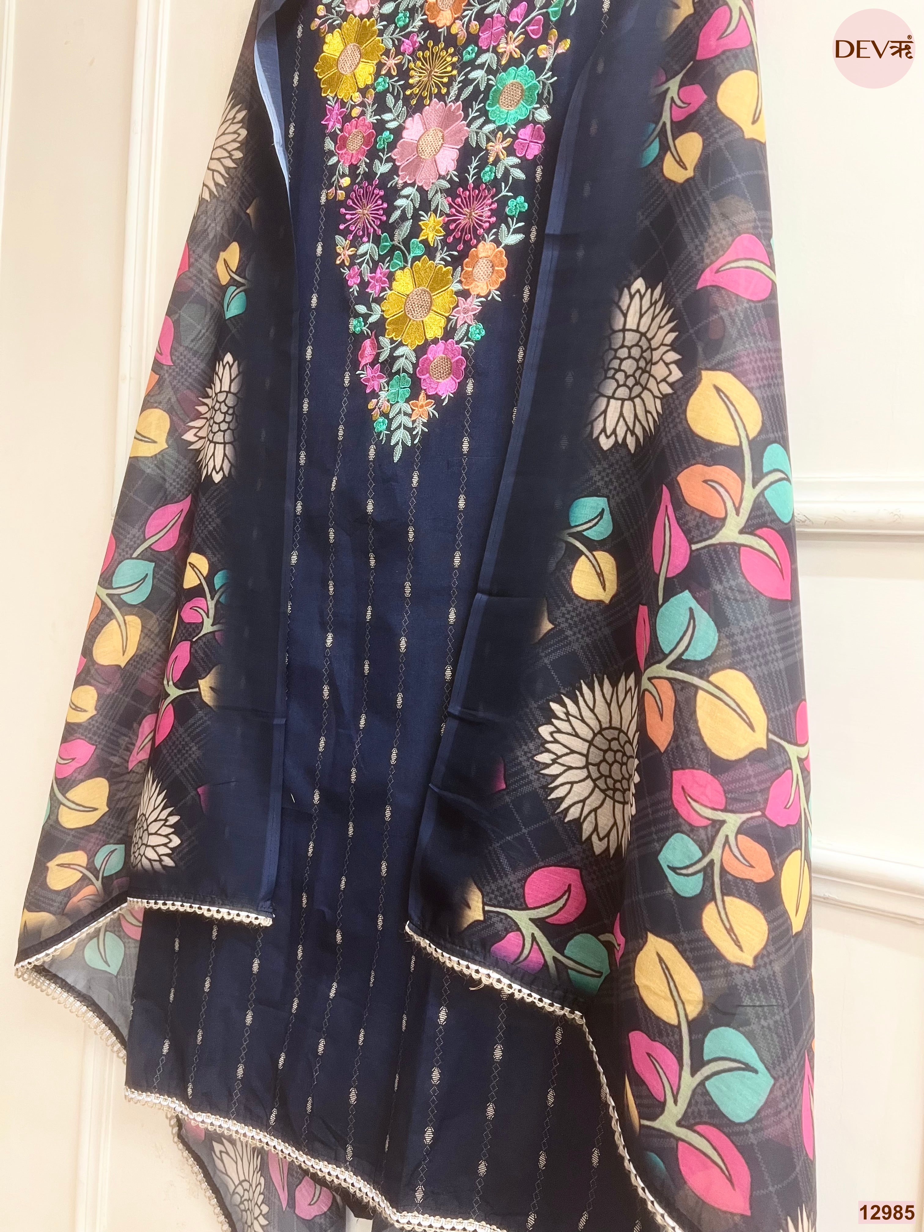Navy Cotton Handloom Printed Unstitched 3-Piece Suit (Devri – D.No 12985)