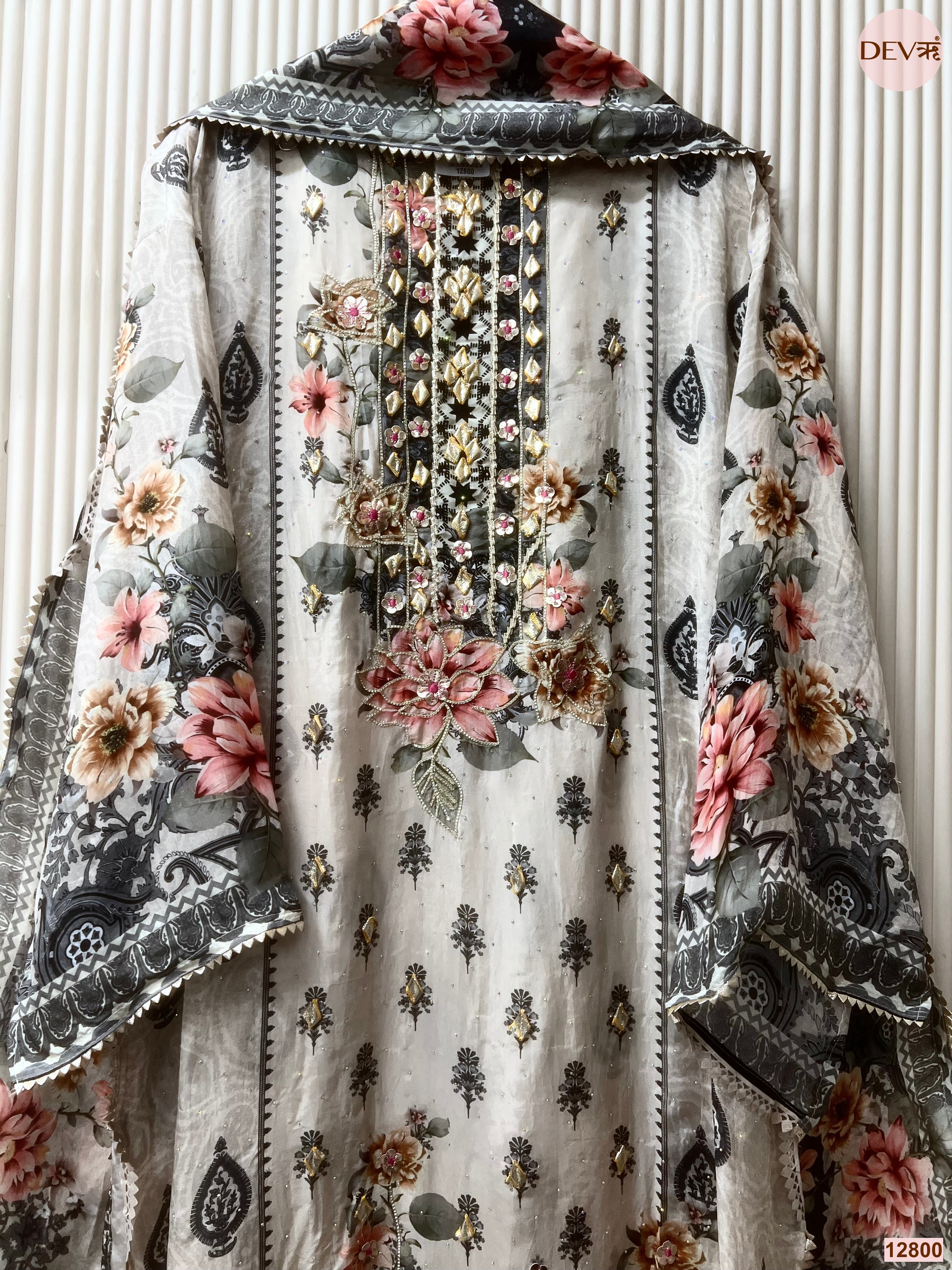 Grey Glass organza Silk Printed Unstitched 3-Piece Suit (Devri – D.No 12800)